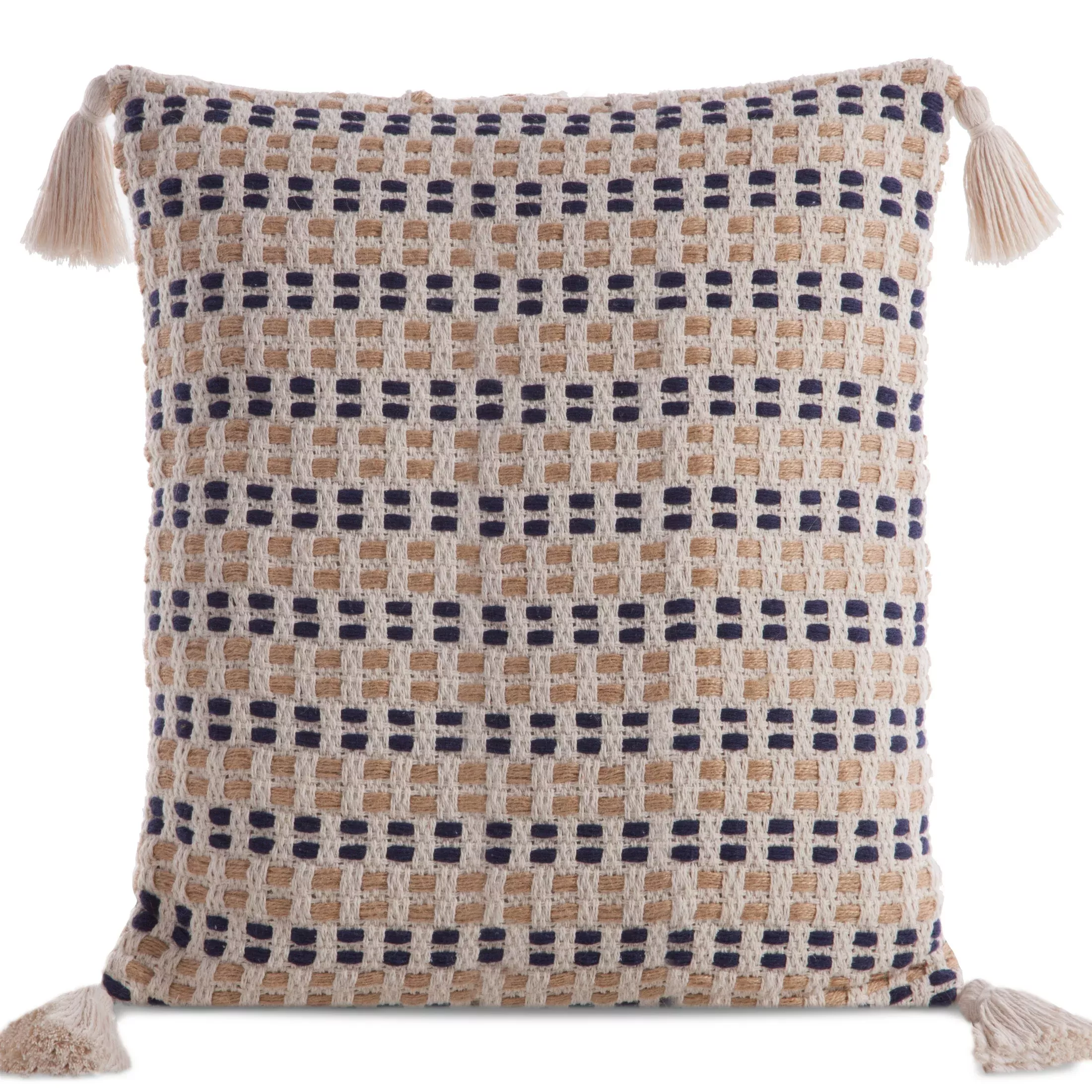 Poszewka na poduszkę 45x45 cm bawełniana kremowo granatowa z ozdobnymi chwostami na rogach BOHO