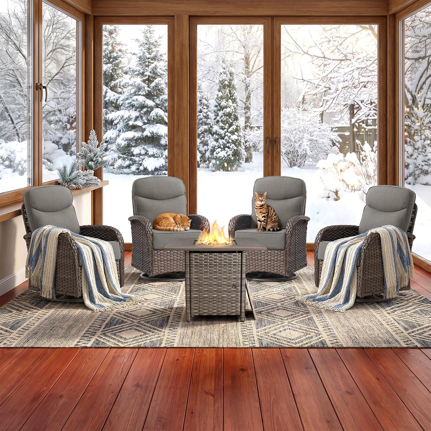 Luxury Outdoor Swivel Rocker Patio Chairs of 4 with Fire Pit Table - 5 Piece Furniture Set with 6-Inch Smile Cushions High Back Brown Wicker Rattan Gliders for Porch Balcony Deck - Grey