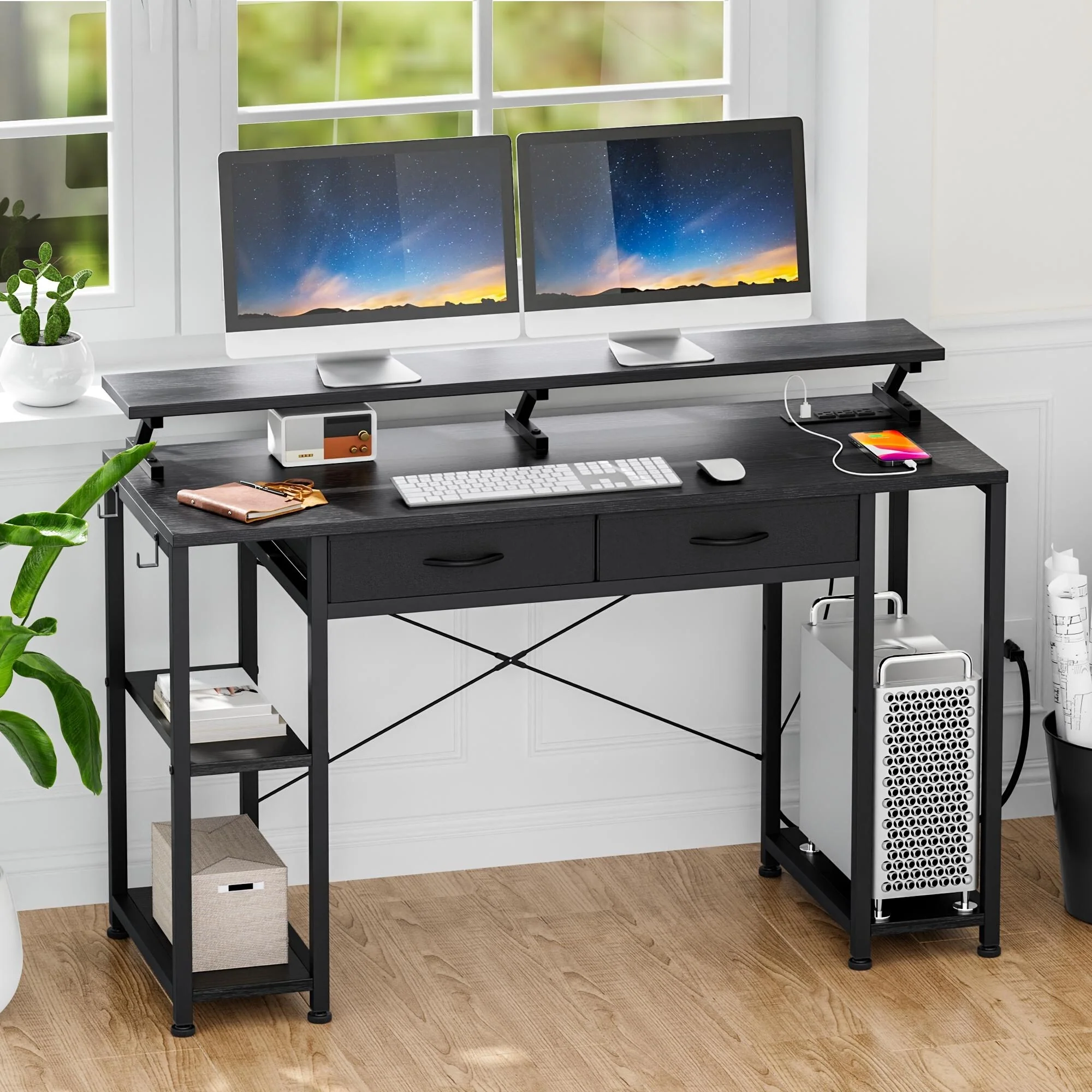 Computer Desk with Drawer 47.2W with Power Outlets Shelves Gaming Black