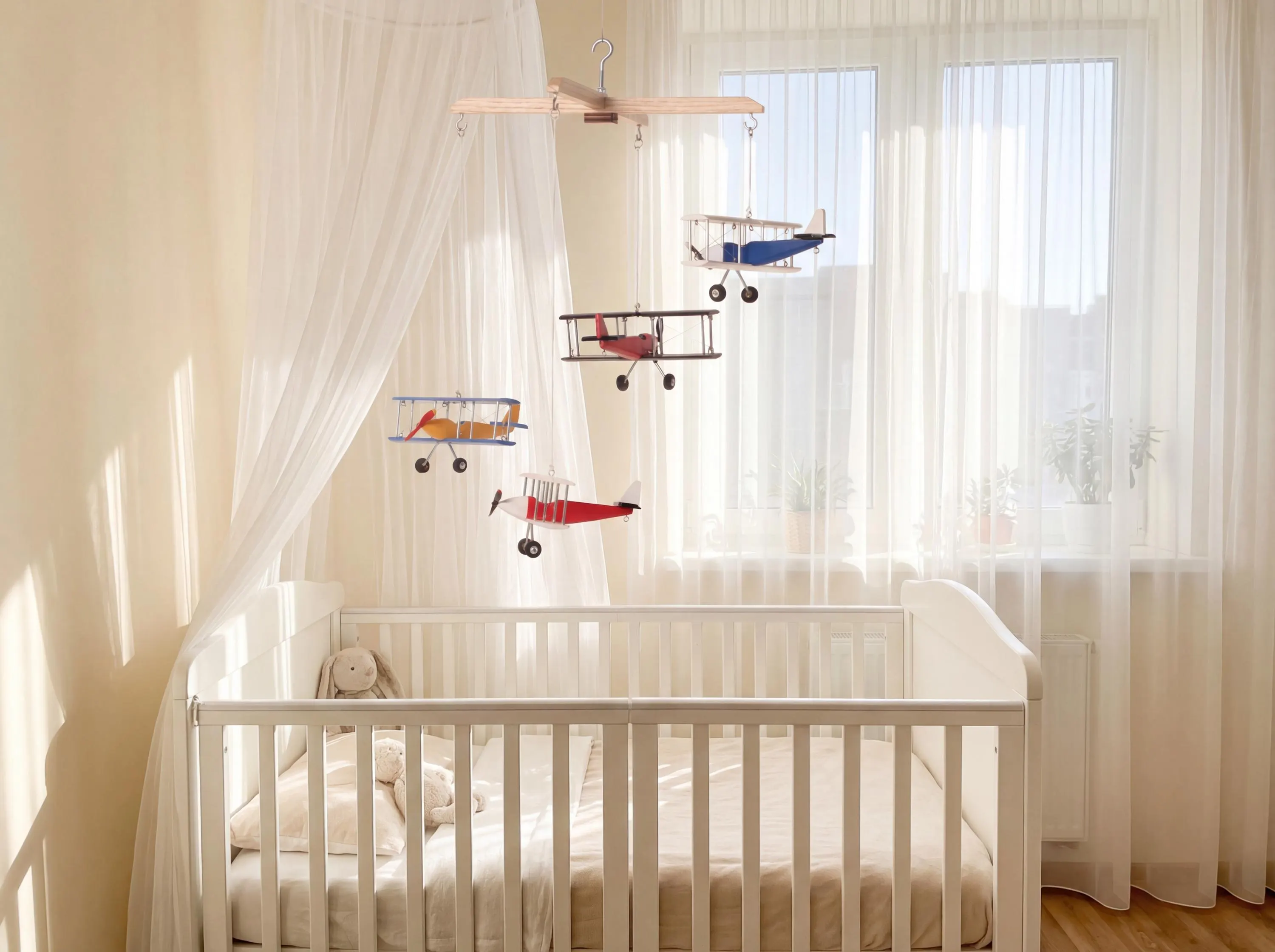 Wooden Airplane Mobile, 4 Plane Decor for Kids Room, Travel Theme Wall Hanging, Aviation Boys Room