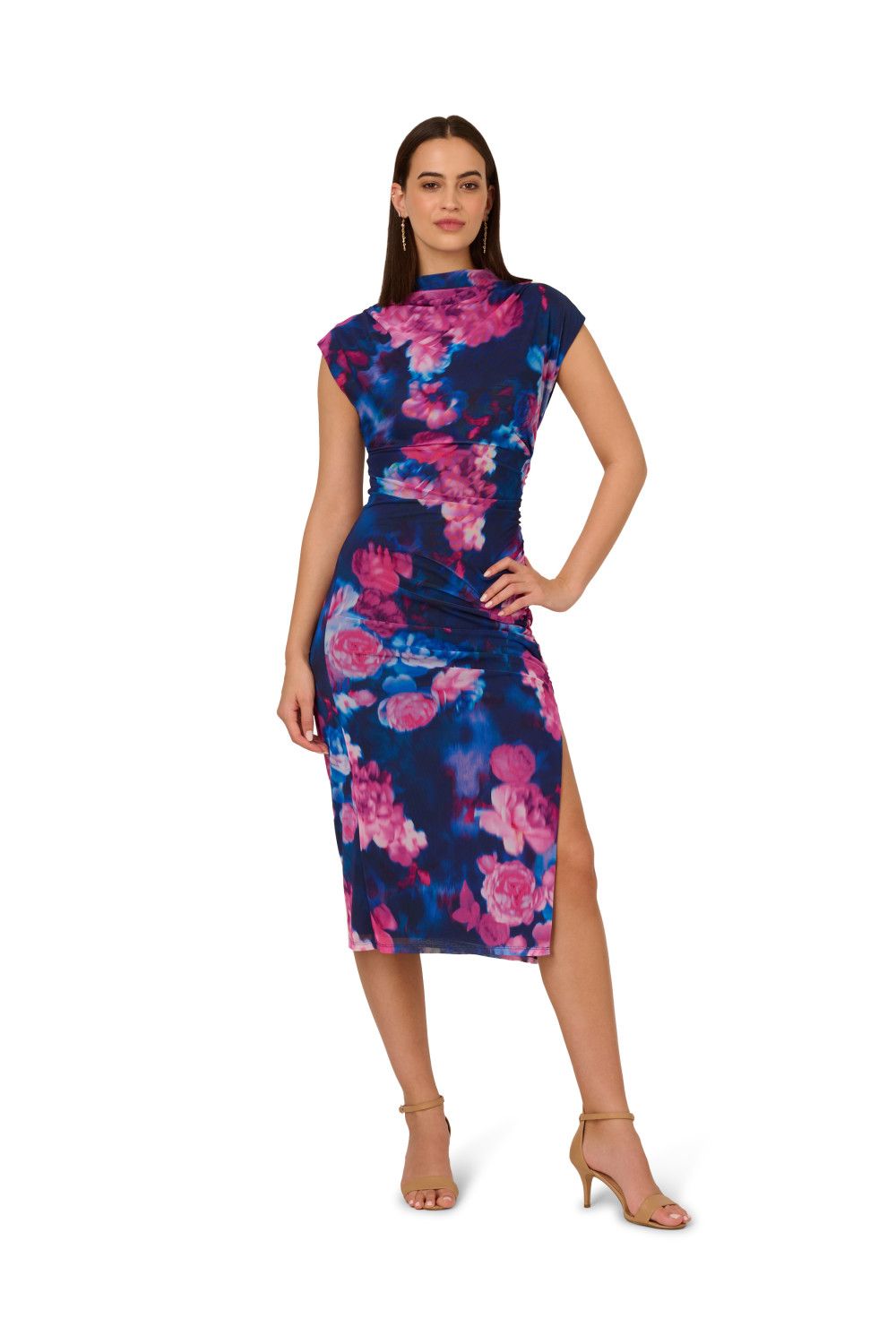 Adrianna Papell Print Mesh Draped Dress