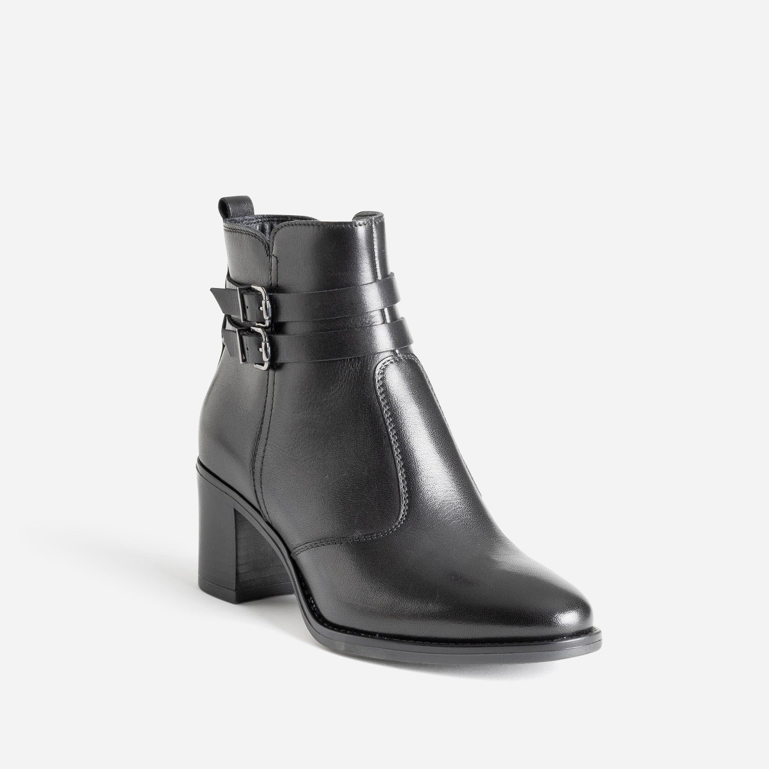 Boots à talon noir en cuir avec double bride