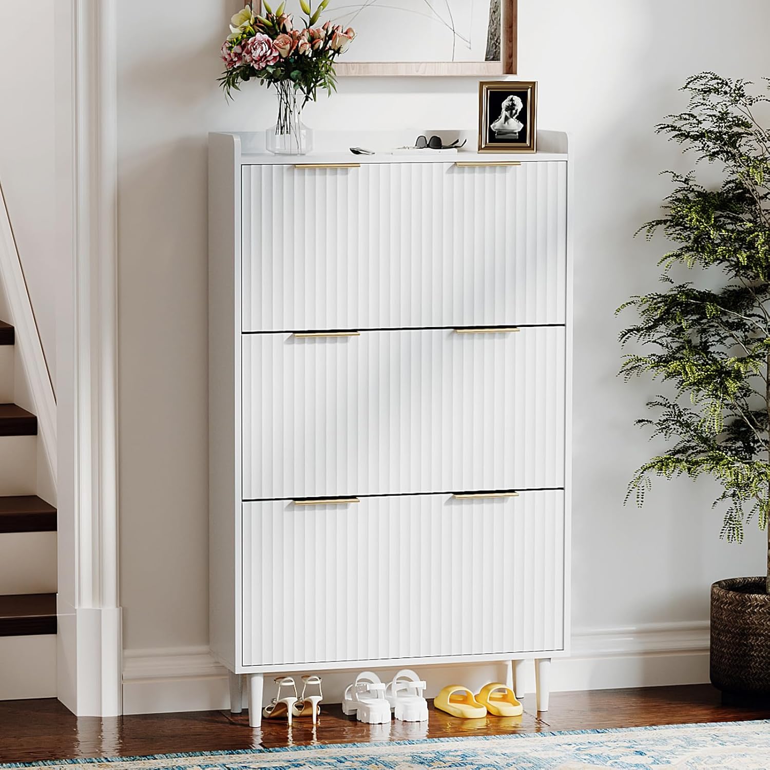 VINGLI White Fluted Shoe Storage Cabinet for Entryway with 3 Flip Drawers, Narrow Shoe Organizer with Fluted Panel, Modern Freestanding Wood Shoe Cabinet for Foyer, Hallway (White, 3 Flip Drawers)