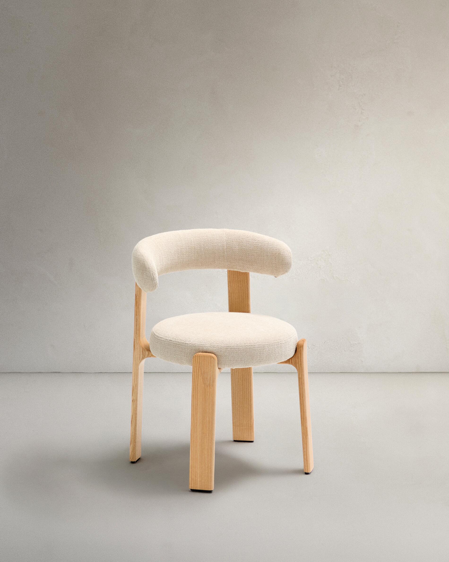 Granite chair in beige chenille and with solid ash wood in a natural tone finish FSC 100%