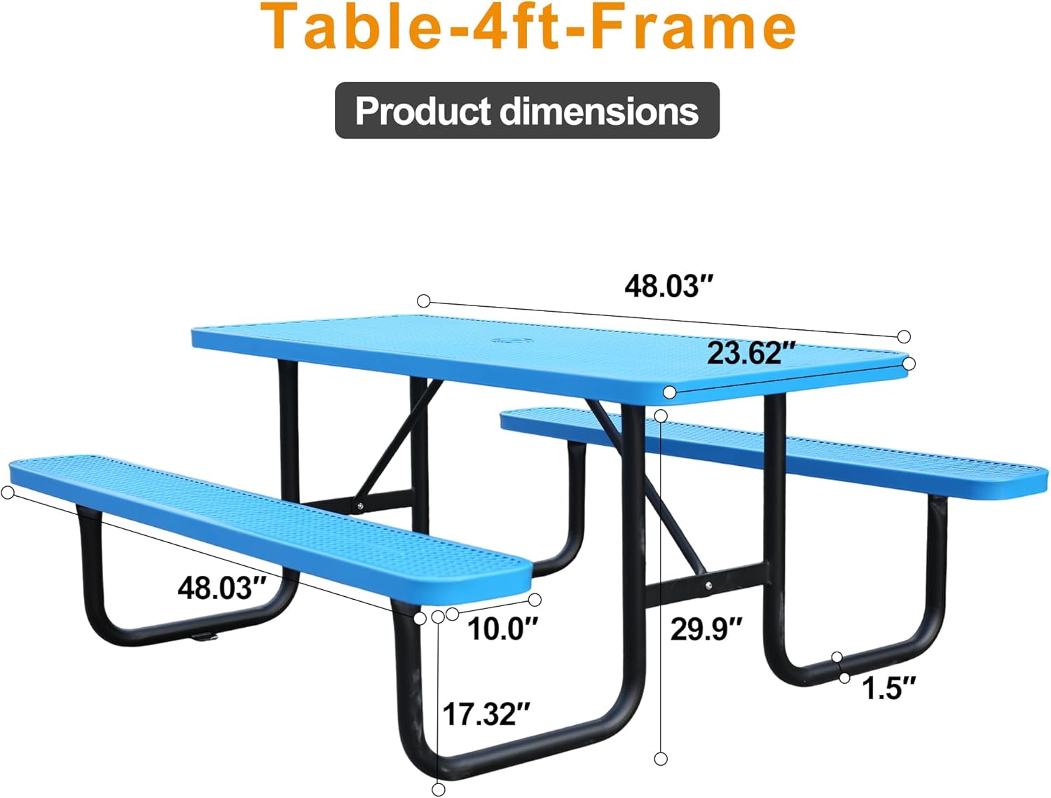 4ft Rectangular Picnic Table – Heavy-Duty Metal Mesh Outdoor Dining Table  Thermoplastic Coated Steel  Outdoor Living  Parks & Schools (Blue  4ft)