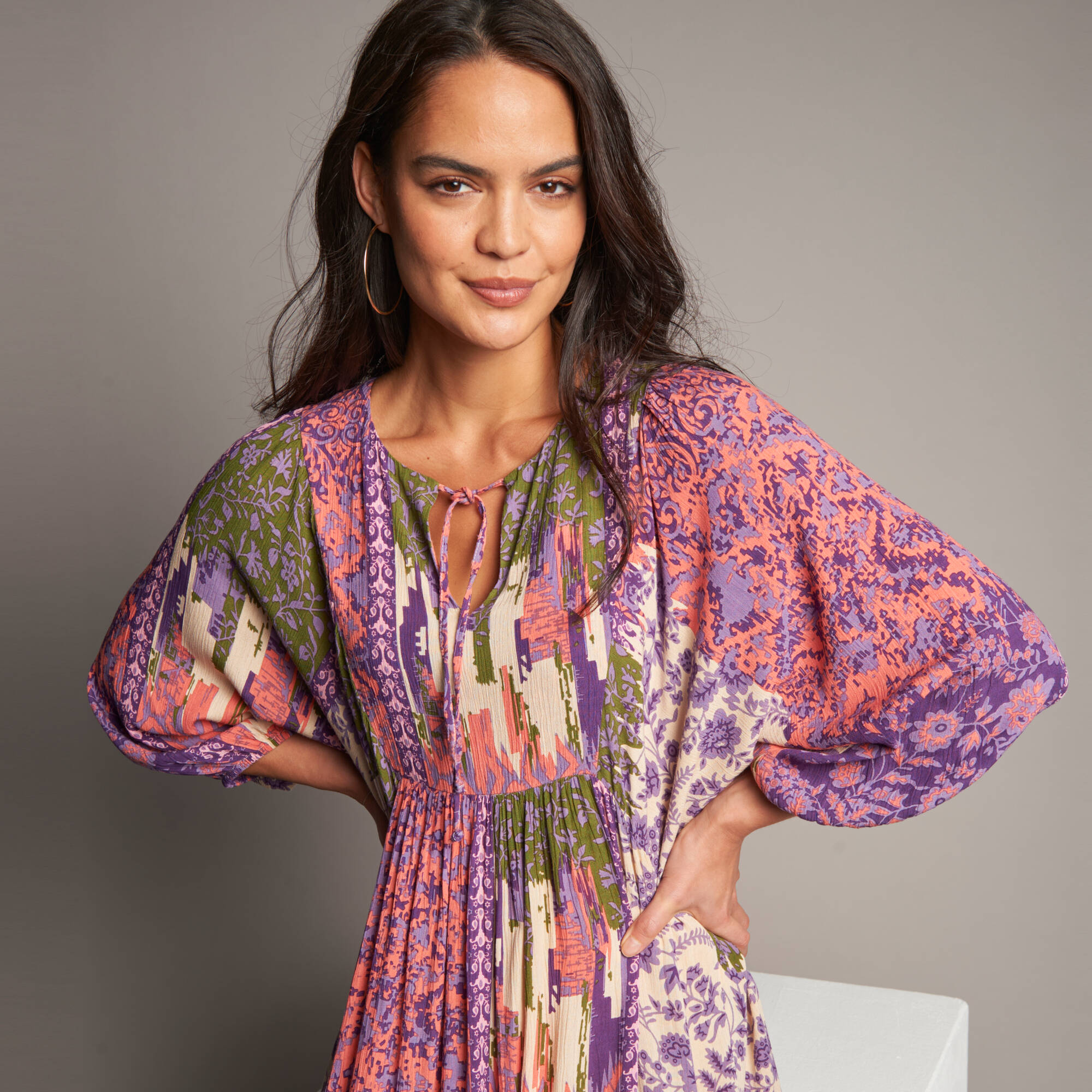 Robe longue imprimée, crépon