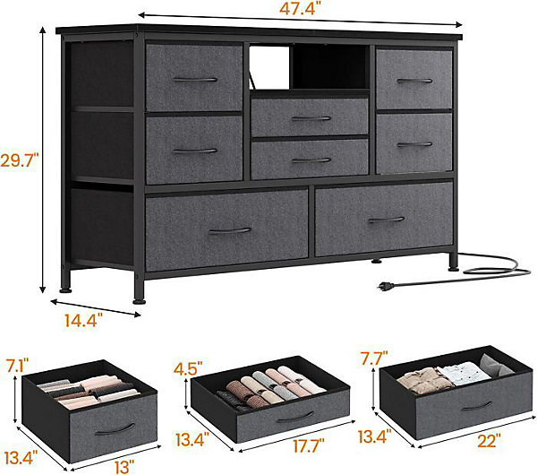 Commode - GRIS FONCE - 8 tiroirs - Tissu - Moderne - 115x30x75CM