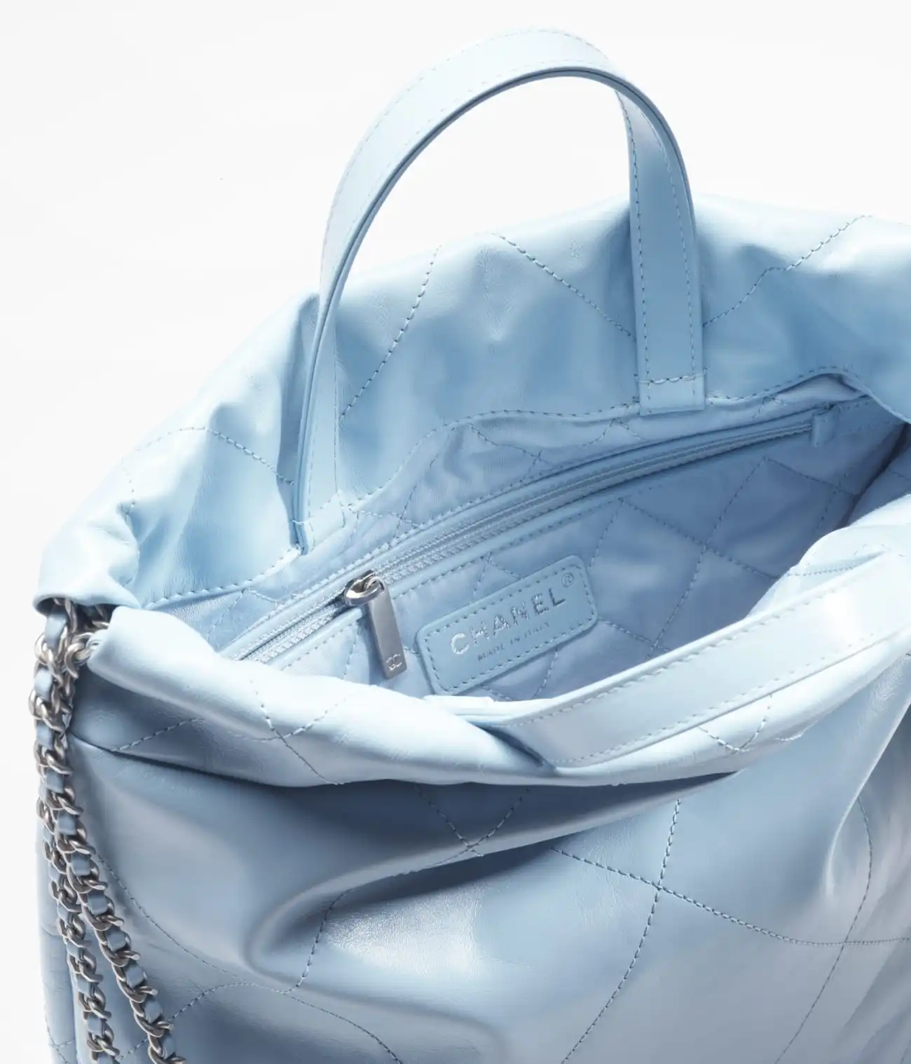 CHANEL 22 BACKPACK Calfskin & Silver Metal Light Blue