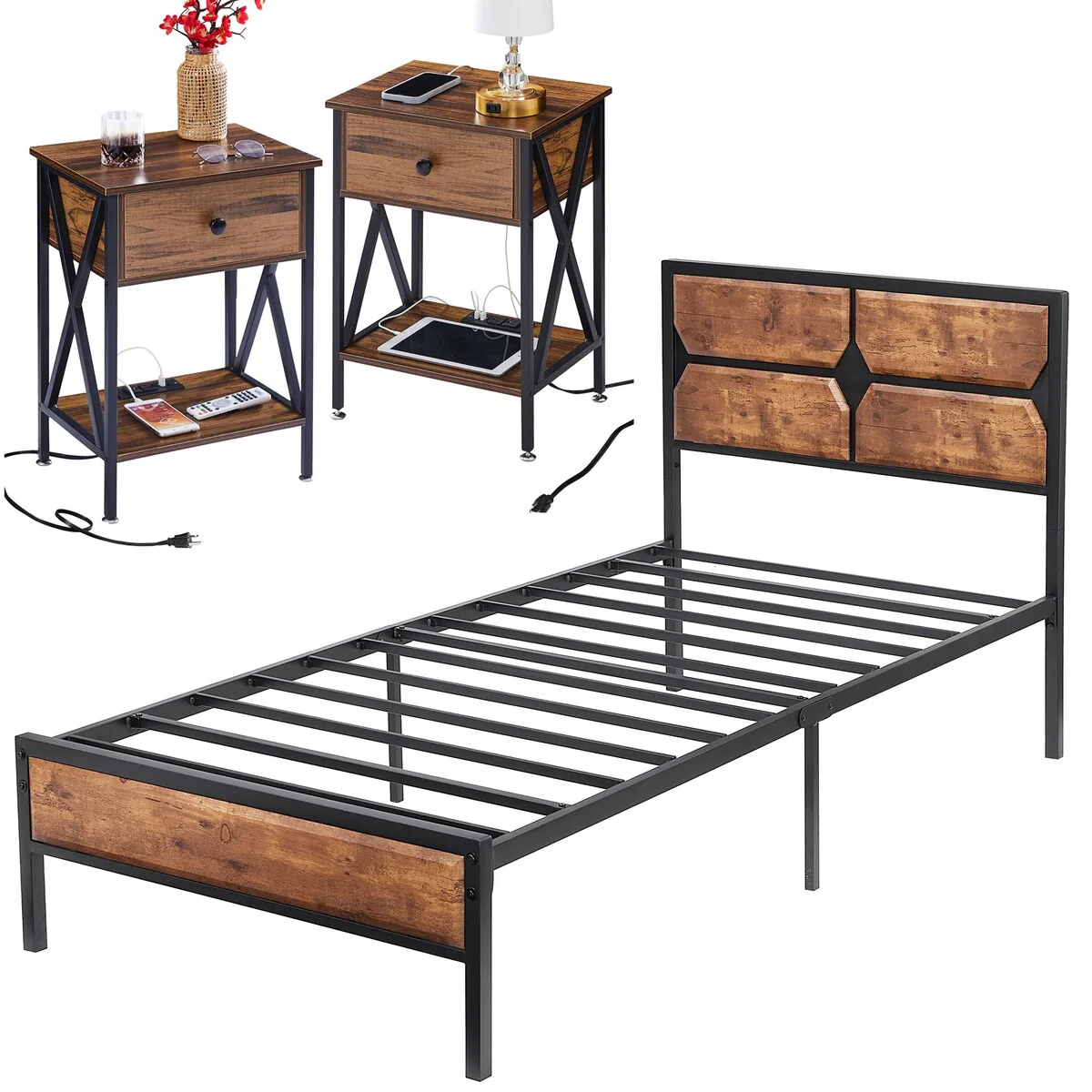 Javlergo Industrial 3-Piece Platform Bed Frame and Charging Station USB Port Nightstands Set of 2 Rustic Brown