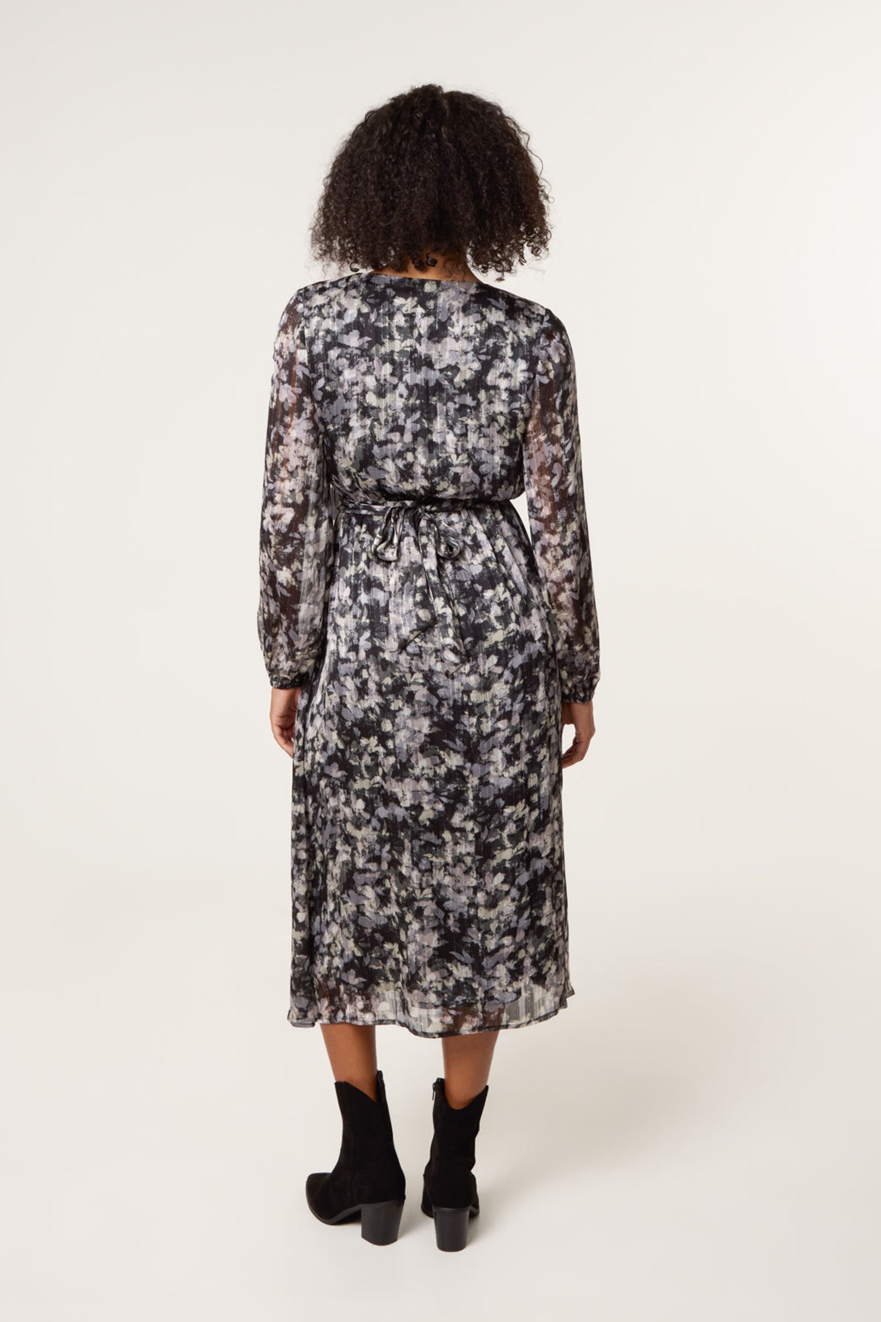 Blue Vanilla Black Printed Metallic Buckle Belted Midi Dress