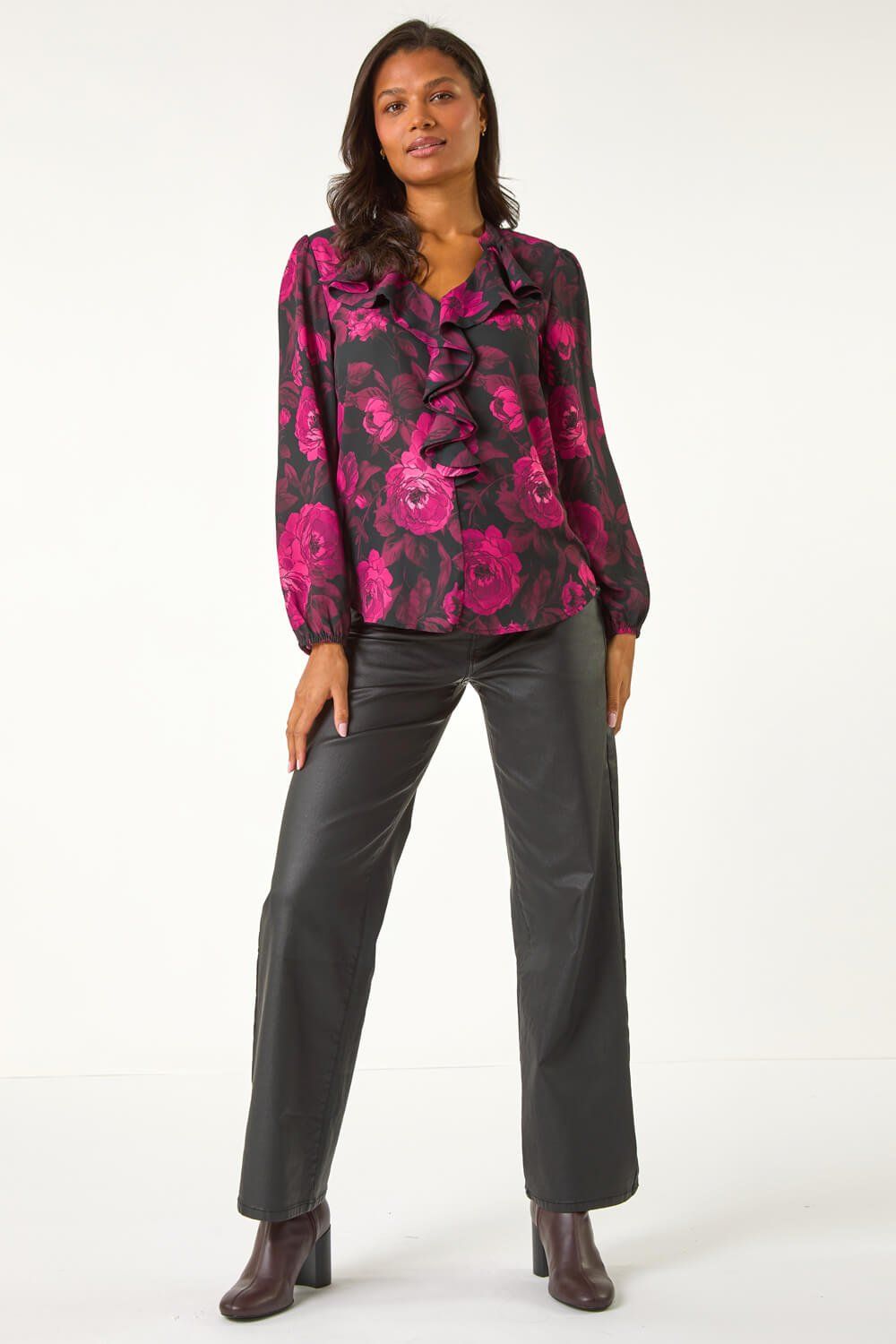 Roman Floral Print Ruffle V-Neck Top