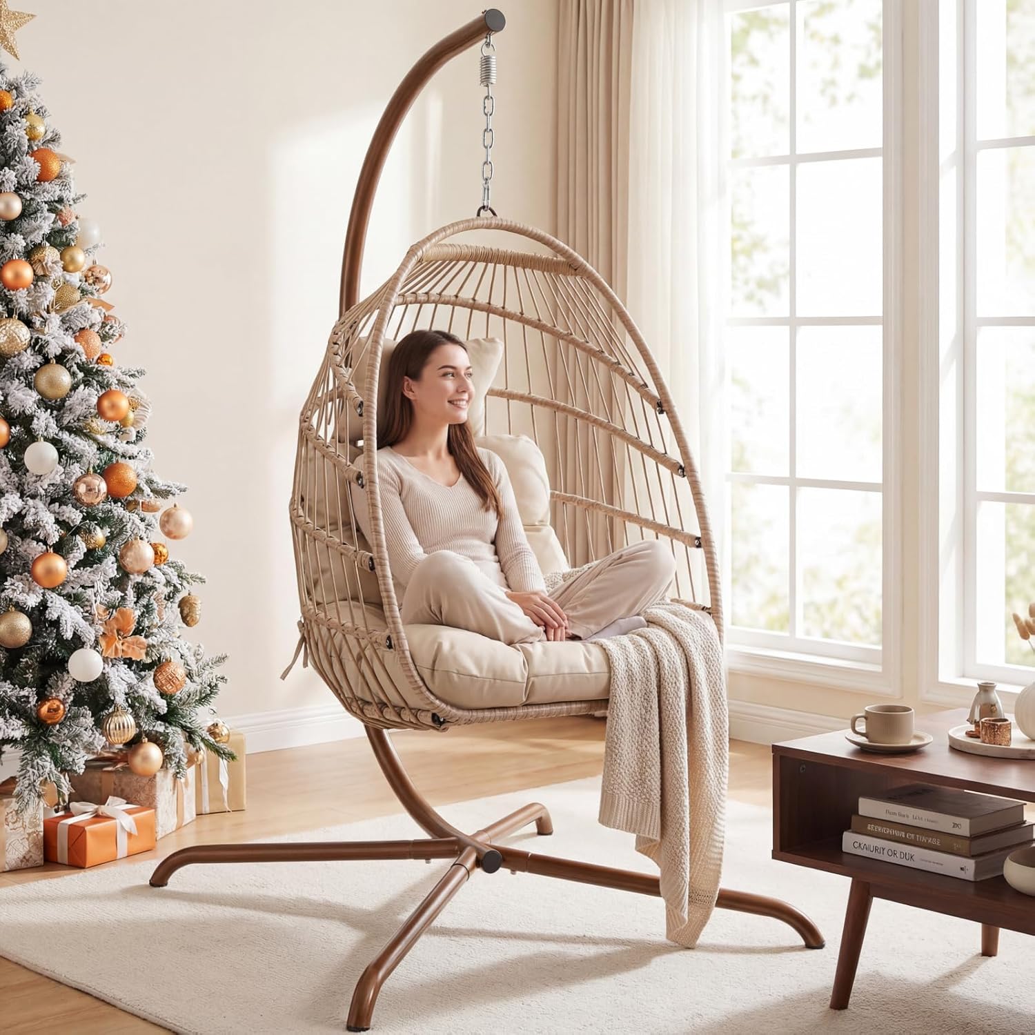 NICESOUL Cozy Hanging Egg Chair with Stand Indoor Outdoor, Wicker Patio Basket Swing Chair with Cushion and Golden Legs, 350lbs Durable Sturdy Egg Hammock Chairs for Deck Balcony Backyard Porch, Cream