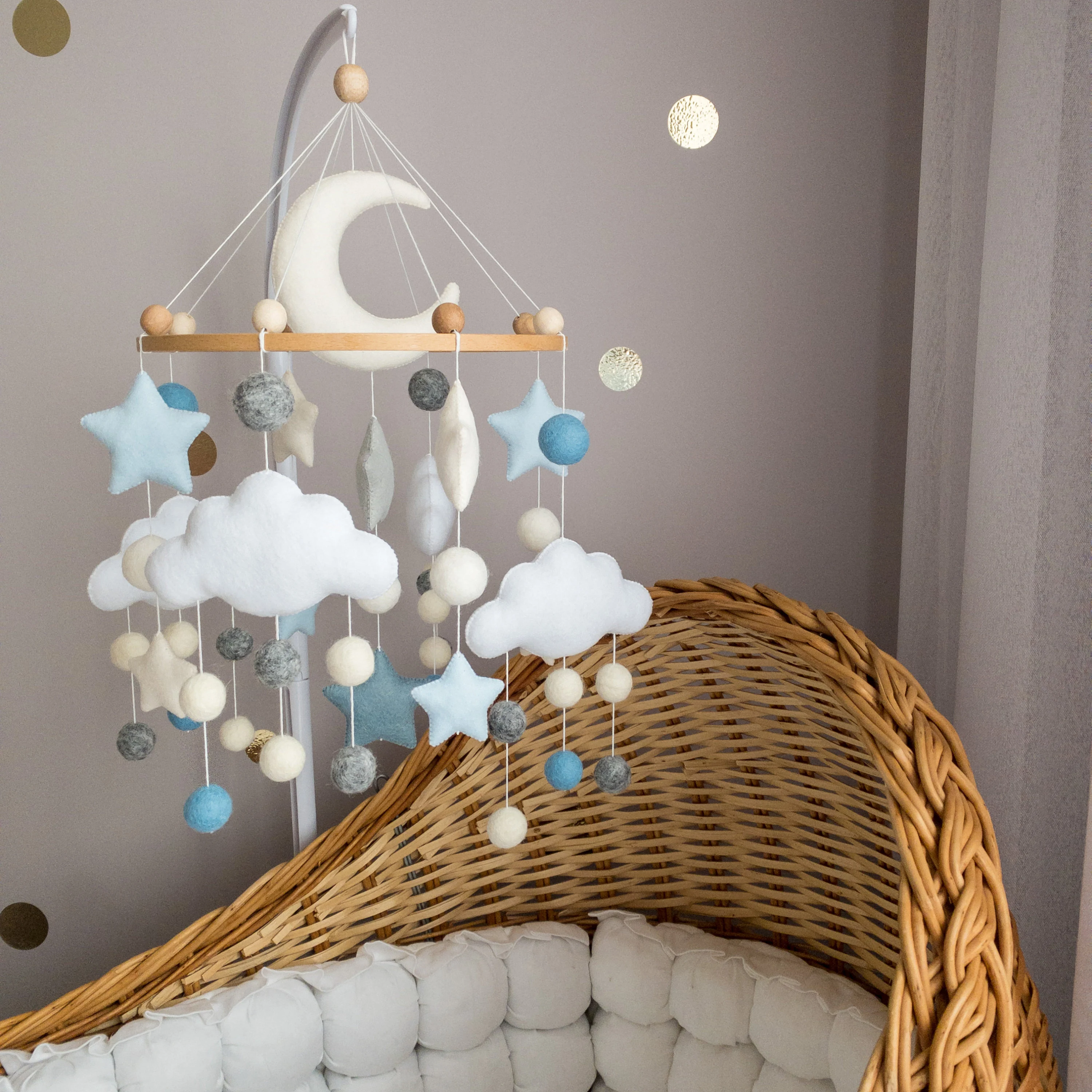 Moon, stars and clouds mobile, Blue baby mobile boy, Minimalist crib mobile, Felt balls mobile, Grey nursery mobile, Baby boy nursery decor
