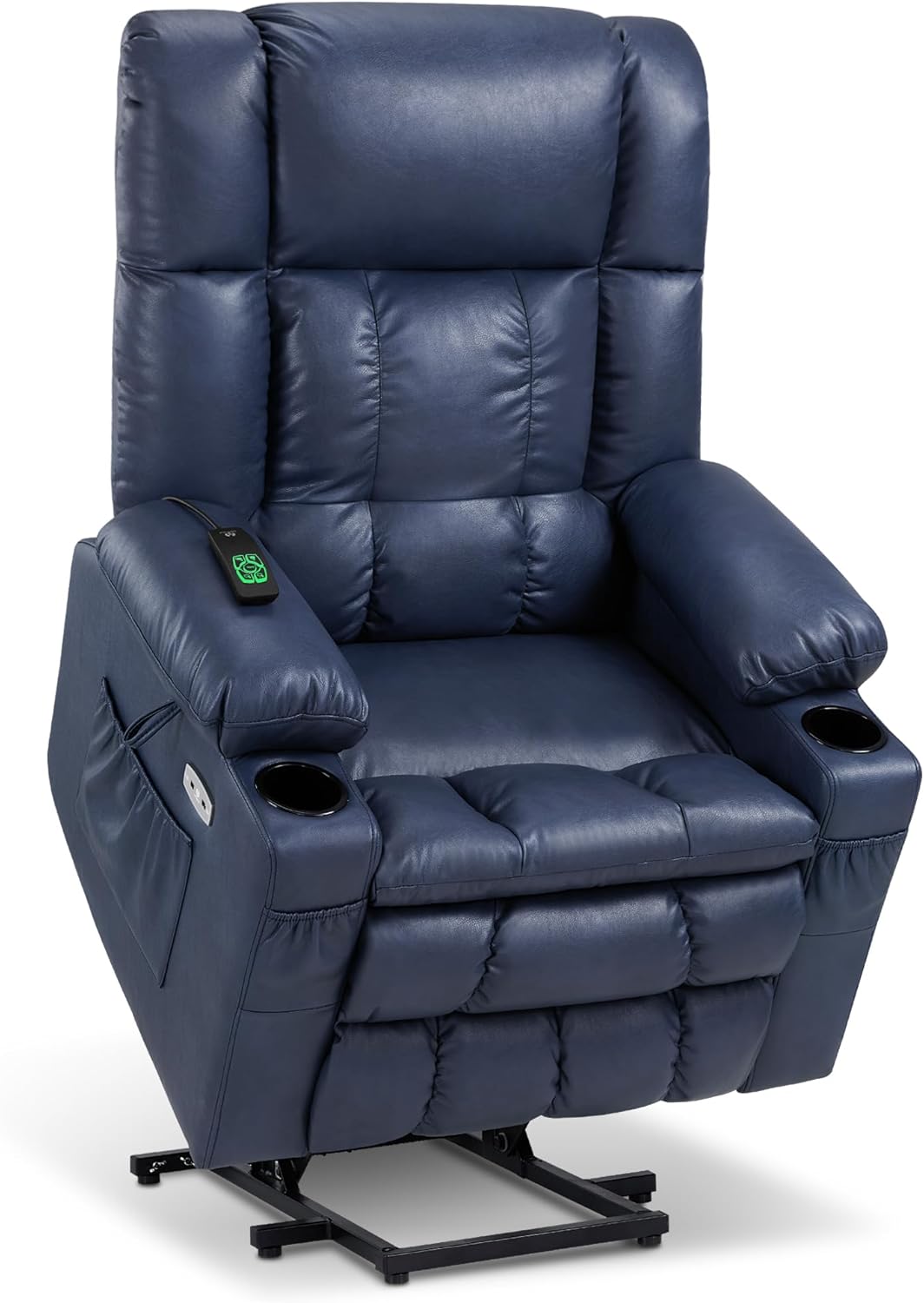 MCombo Dual Motor Large Power Lift Recliner Chair for Elderly, Lay Flat Lift Chair with Heat and Massage, Big Lift Recliner for Tall People, Faux Leather 7896 (Blue, Large)