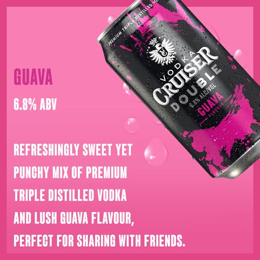 Vodka Cruiser Double Guava, Refreshing Flavoured Pre-Mixed Vodka Drink, 6.8% ABV, 375mL (Case of 24 Cans)