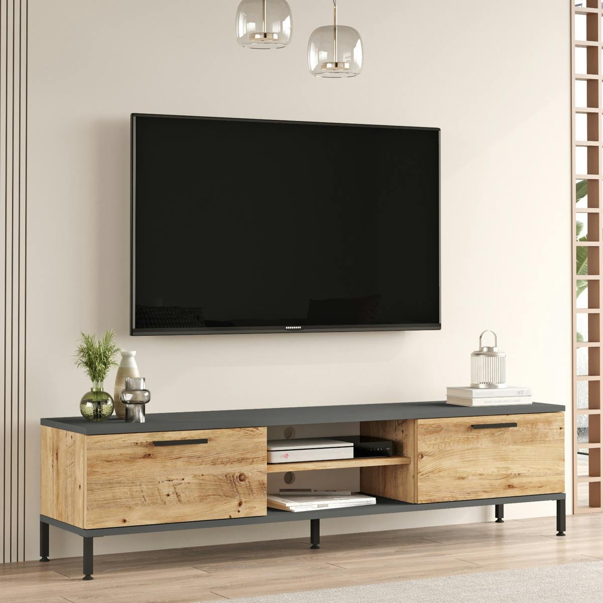 Meuble TV moderne décor bois et gris 2 portes 2 niches JENA