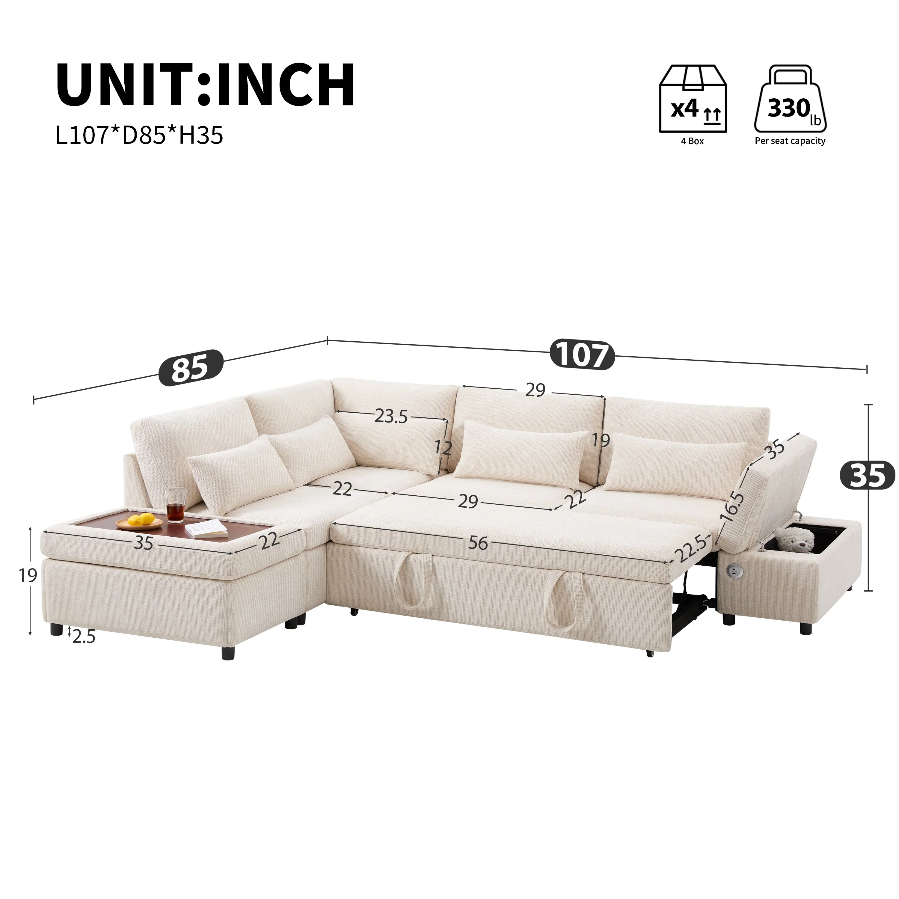 107'' 6 Seat Modular Sectional Sofa with USB Charging, L shape Oversize Pull-out Sofa Bed with Storage Ottoman