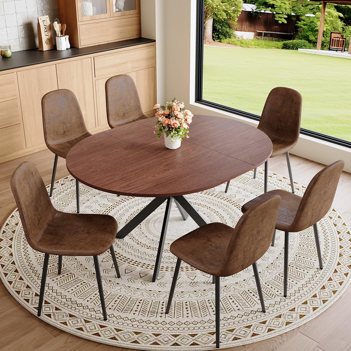 Round Dining Table Set for 6｜42-54 Extendable Dining Room Table Set｜Wooden Kitchen Table with 6 Chairs｜Mid Century Modern Dinner Table Set with Cross Legs｜Easy Assembly｜Space Saving