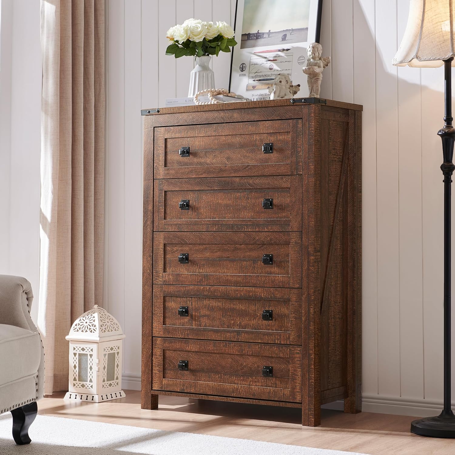 RedLemon Farmhouse 5 Drawer Dresser, 48 Tall Rustic Chest of Drawers, Wood Dresser for Bedroom, Living Room, Hallway, Reclaimed Barnwood Color
