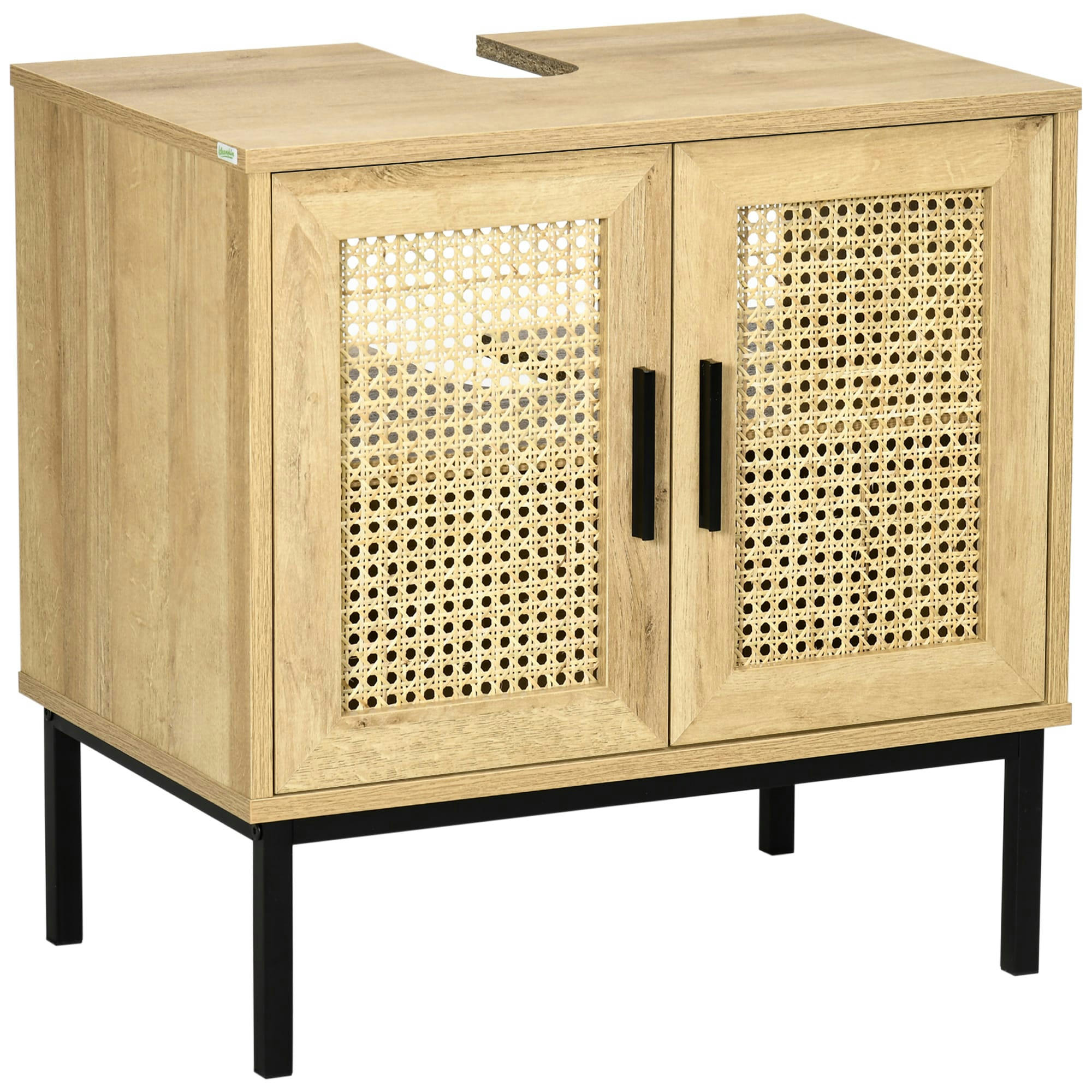 - Meuble sous-vasque - 2 portes - acier noir rotin aspect chêne clair