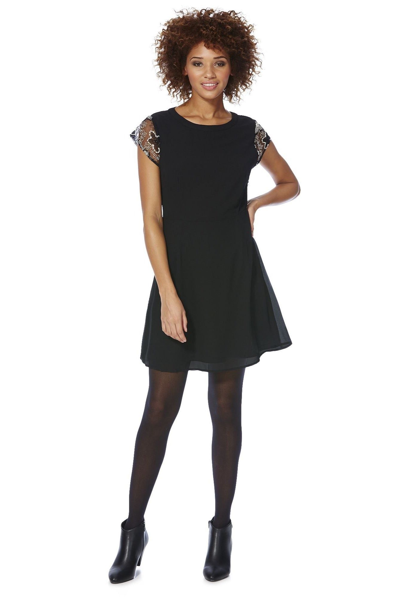 Cutie London Sophisticated Dress with Patterned Sheer Sleeves