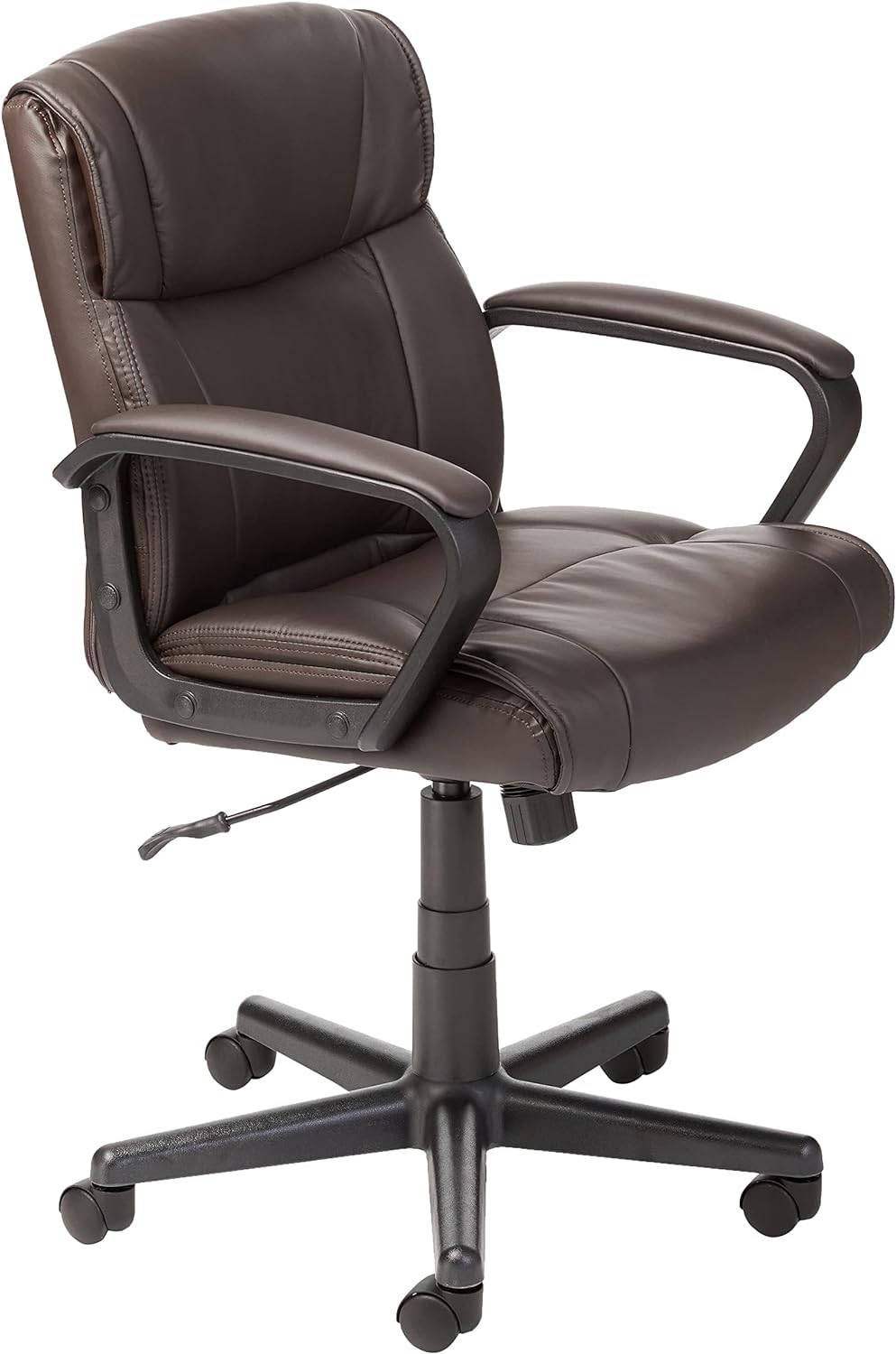 Amazon Basics Office Task Chair with Adjustable Height, 360° Swivel, Padded Armrests, Mid-Back, Rolling, 275 Pound Capacity, 24D x 24.2W x 34.8H, BIFMA Certified, Dark Brown Faux Leather