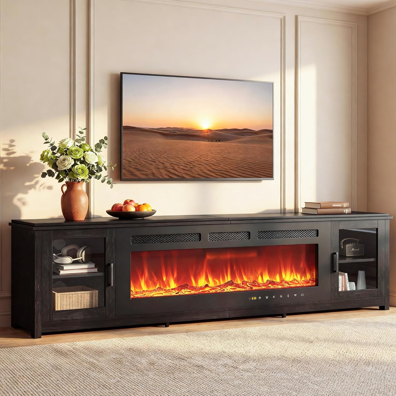 MXV 90 Fireplace TV Stand, Modern Entertainment Center with 60 Inch Electric Fireplace, Adjustable Shelf & Glass Door, Fire Place TV Console for Living Room, Black