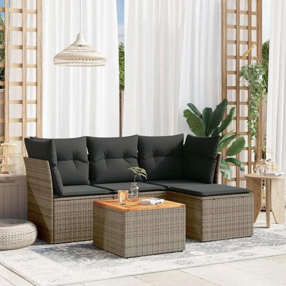 vidaXL Loungeset met kussens & salontafel voor 4 personen- Grijs - Poly rattan