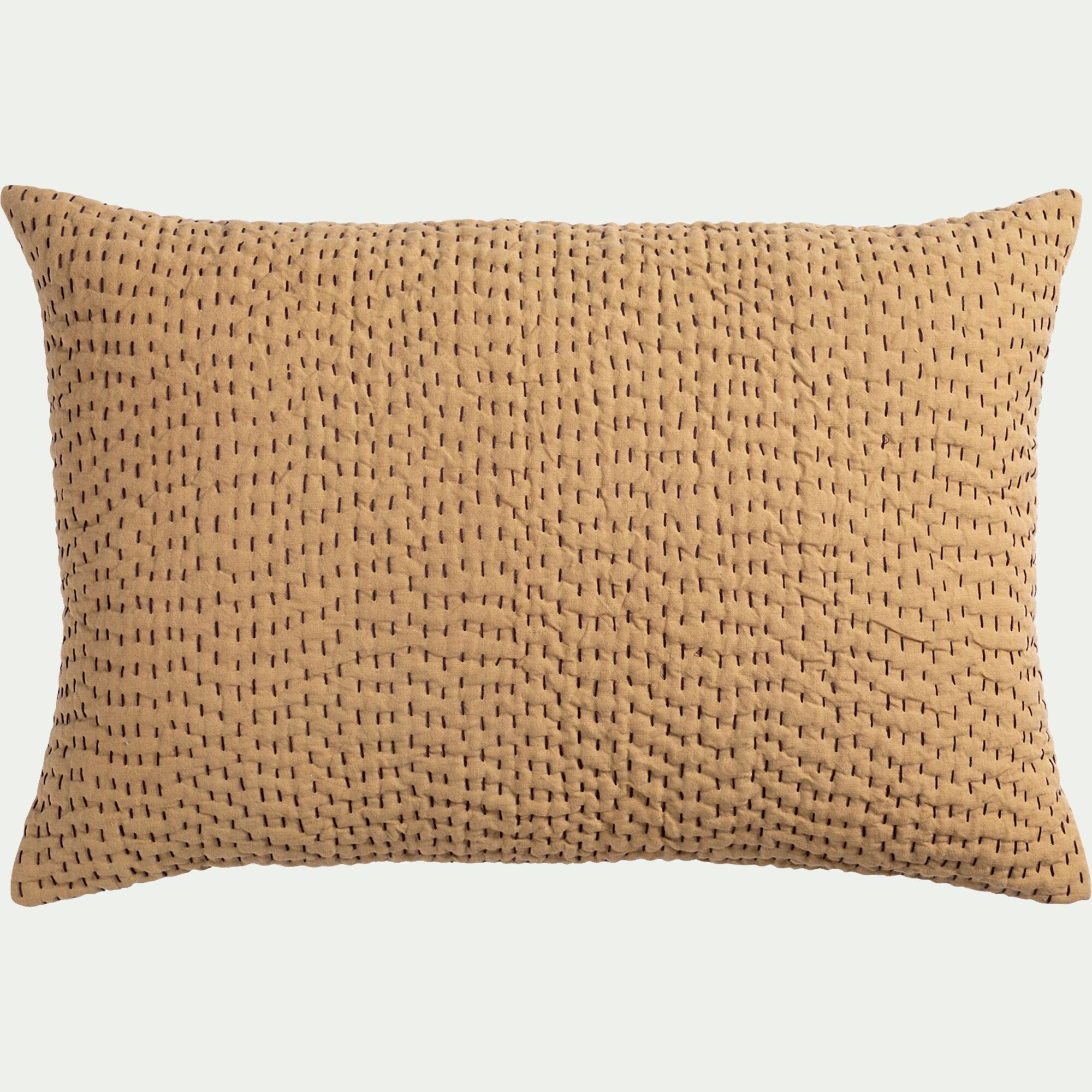 KANTA - Coussin avec surpiqûres Kantha en lin et coton 40x60cm - beige sable
