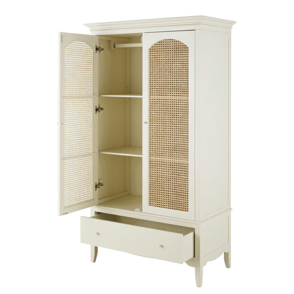 Debbie - Armoire 2 portes 1 tiroir blanc cassé cannage en rotin
