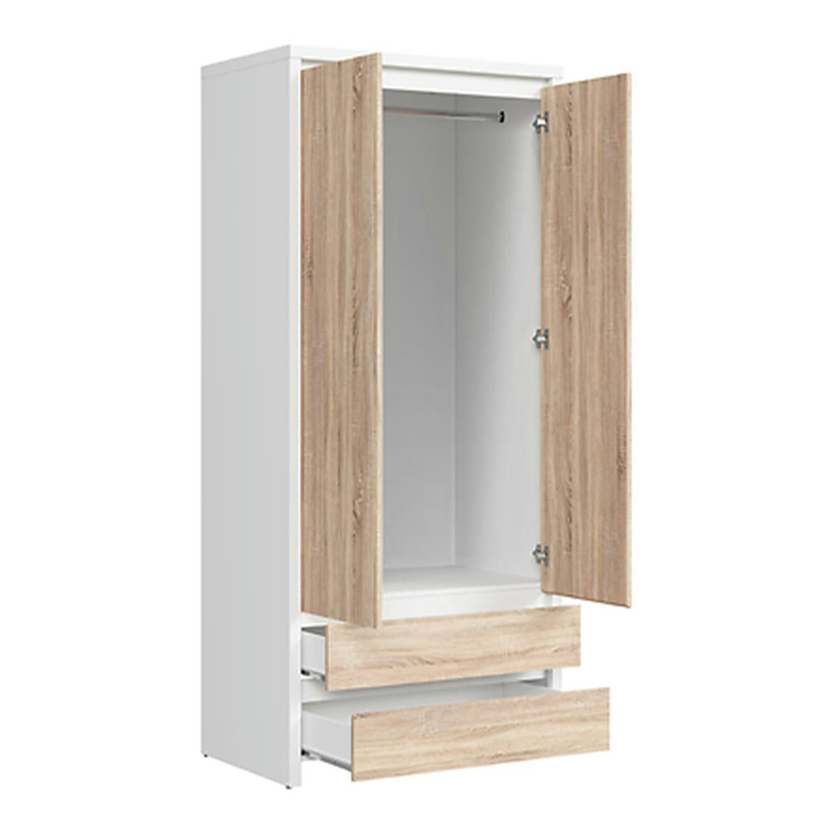 - Armoire 2 portes 2 tiroirs panneaux agglomérés naturel et blanc