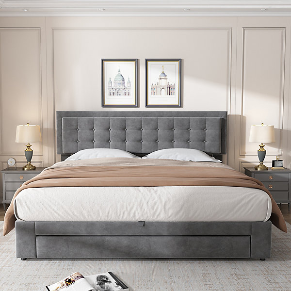 Lit 180x200 cm en velours gris avec grand coffre de rangement et tête de lit réglable, style européen élégant