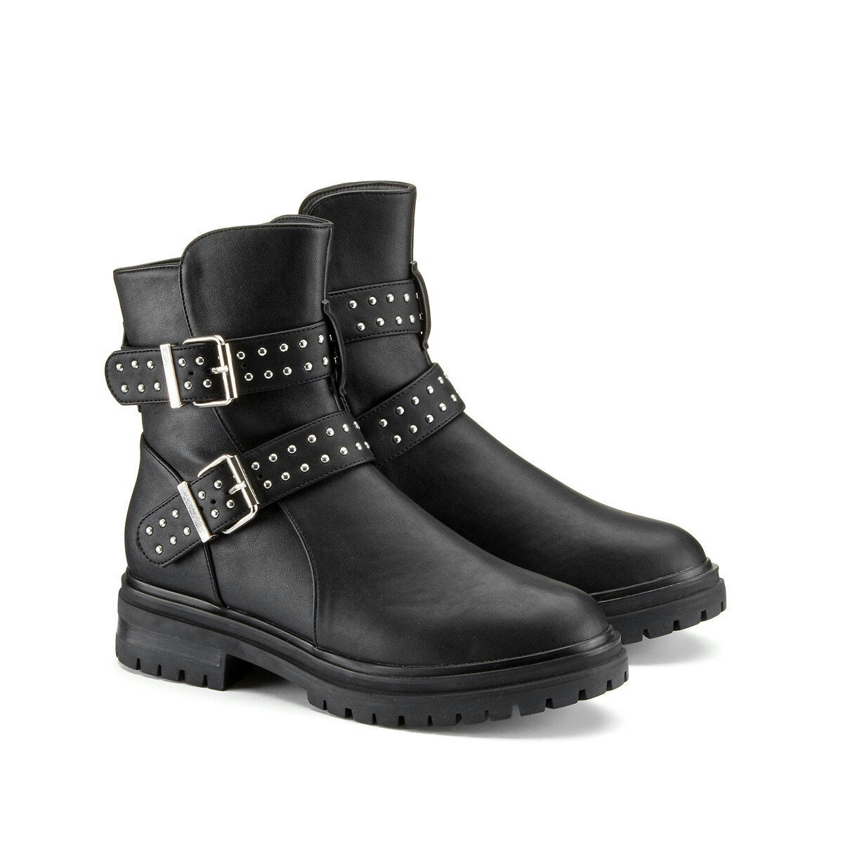 Boots talon plat détails boucles, pied large 38-45