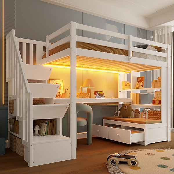 Lit Mezzanine 90x200 cm - Lit Simple avec Bureau et étagères, LED Intégrée, sans Matelas - MDF Blanc