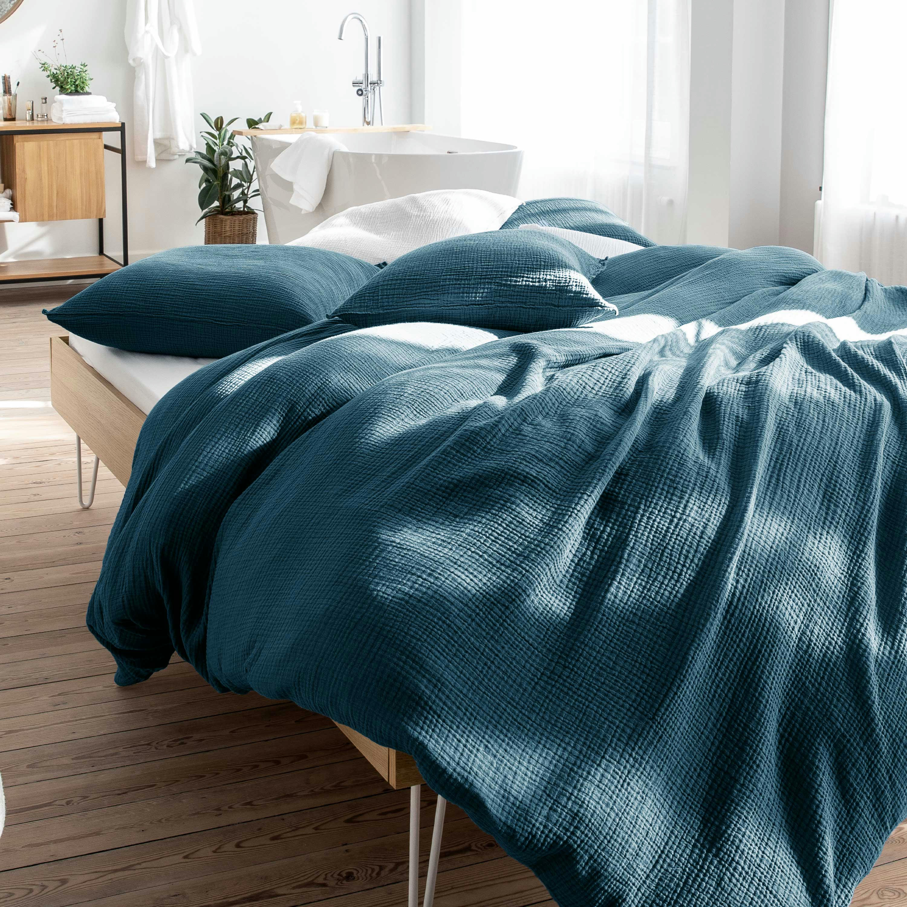 SIMPLEMENT GAUFRÉ - Housse de couette en gaze de coton 260x240cm Bleu Paon