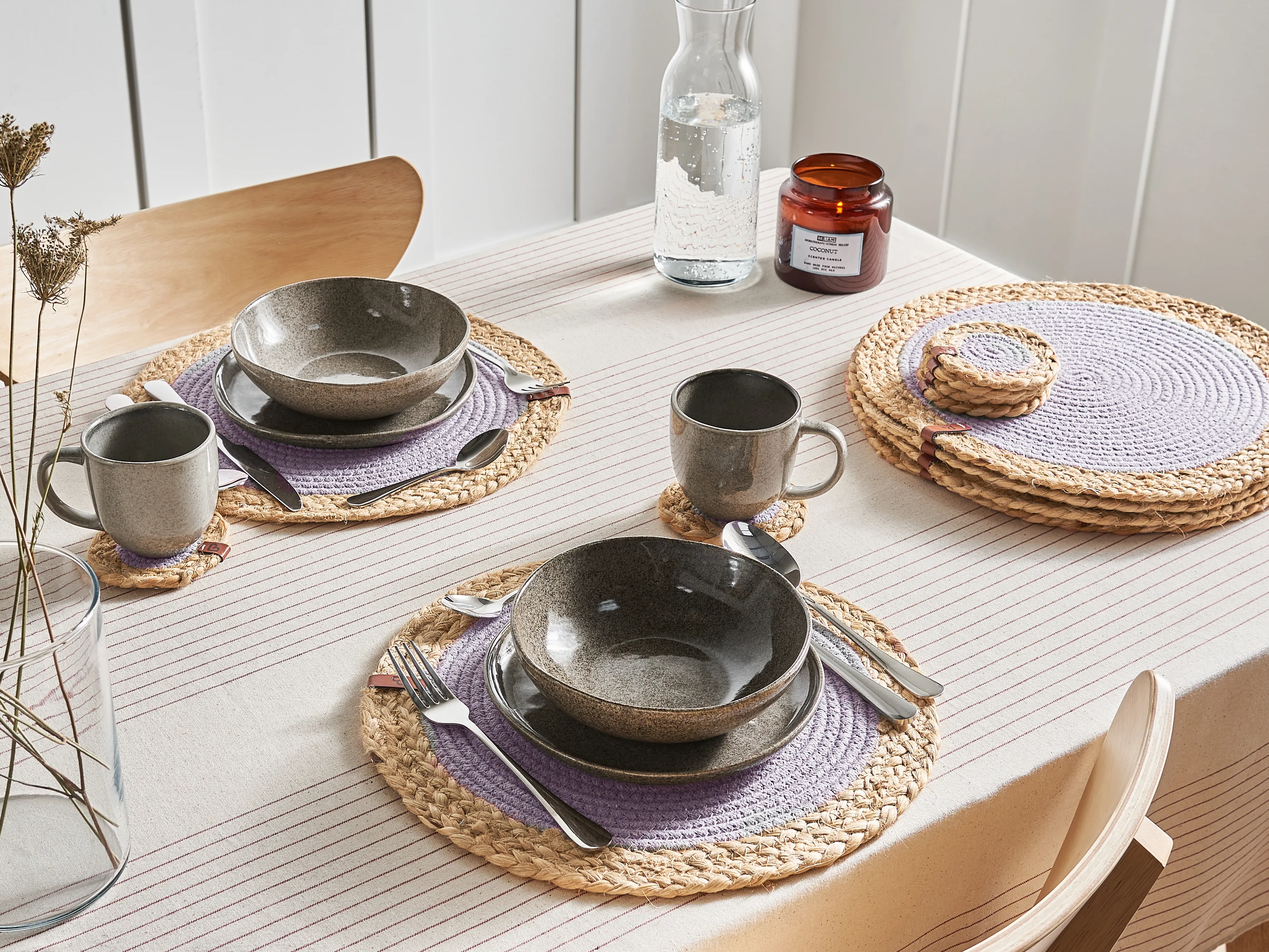 12 Piece Placemats and Coasters Set ROSELLA Jute Cotton Grey