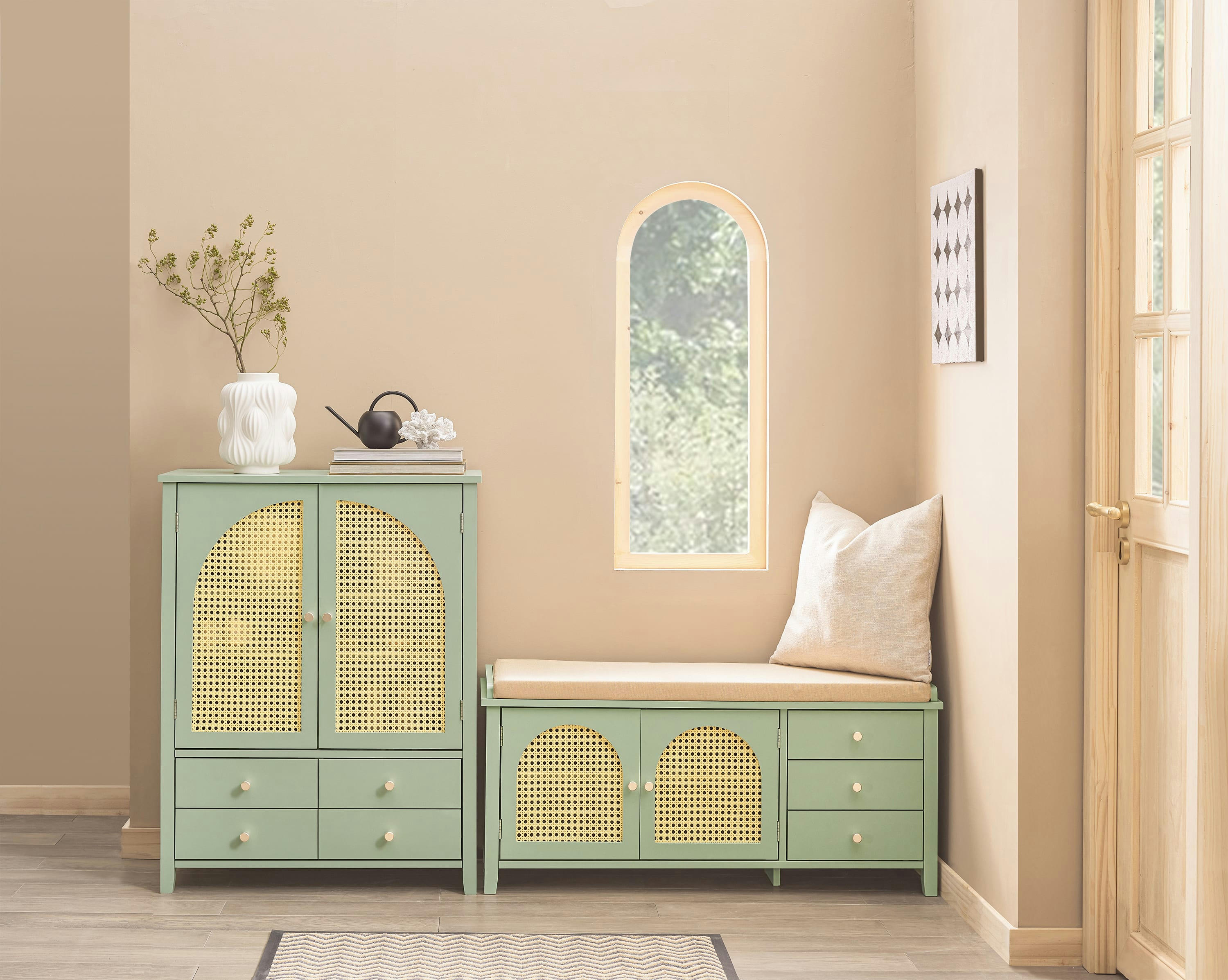 - Armoire à chaussures effet bois vert avec 4 tiroirs et 2 portes