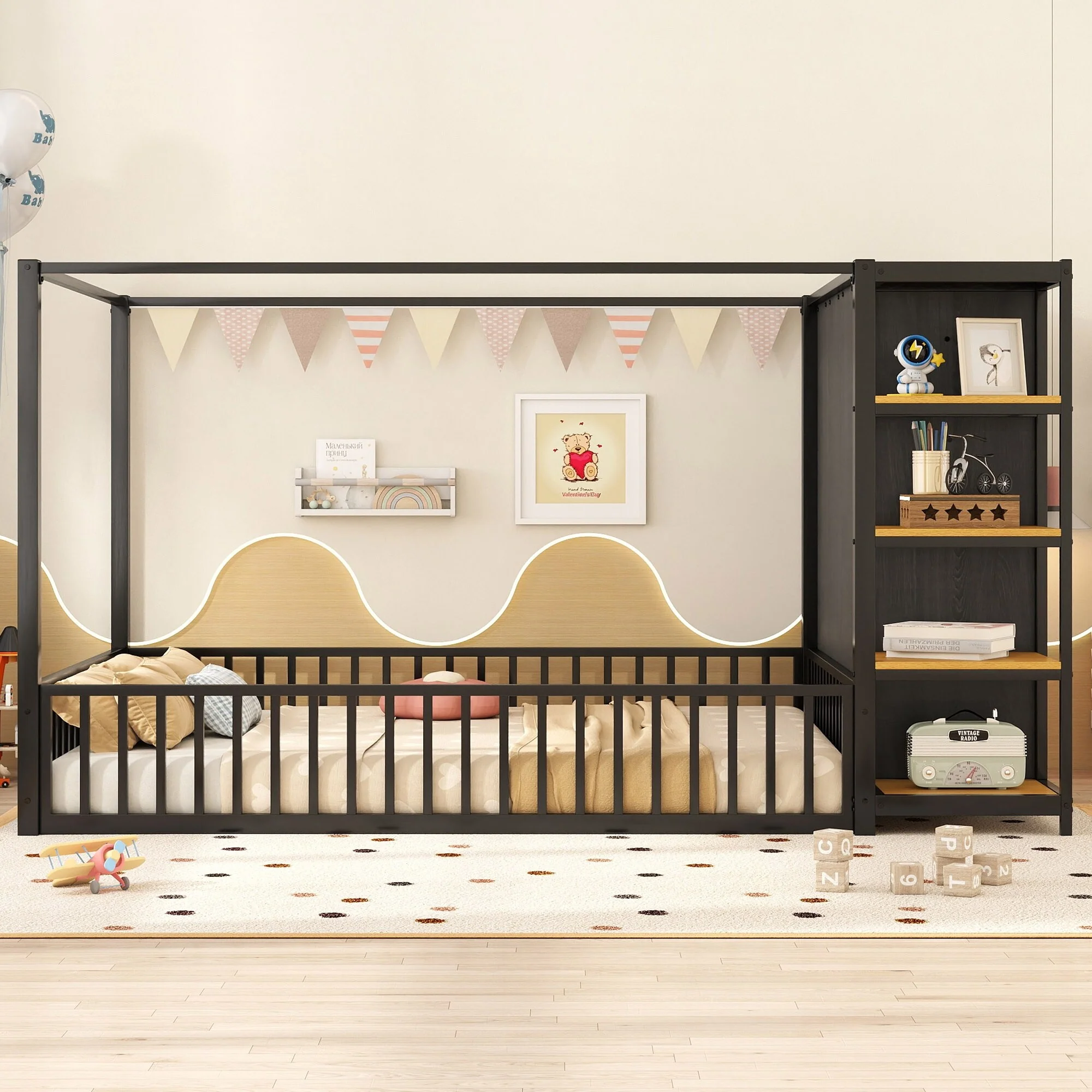 Full Size Metal Floor Bed Frame with Storage Wardrobe and Shelves, Versatile Design for Kids Room or Play Area