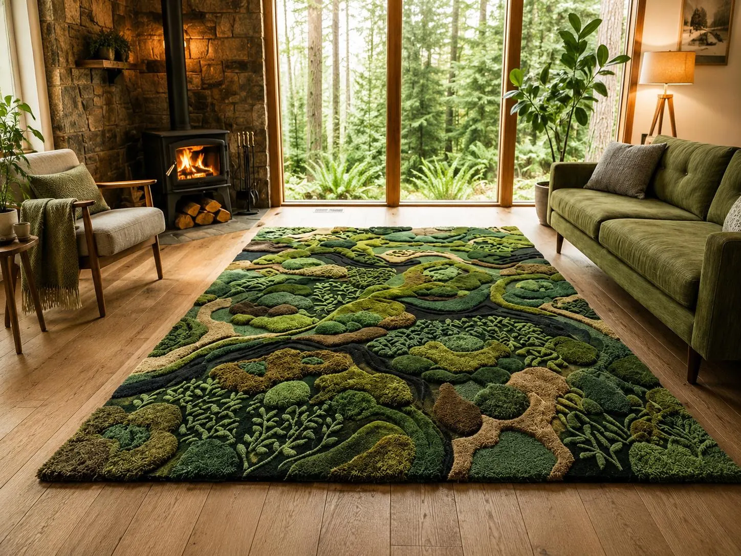 Organic Forest Landscape Tufted Rug 8x10, Moss Green Nature Area Rug, Textured Botanical Statement Rug for Living Room9x12 10x14 Rug
