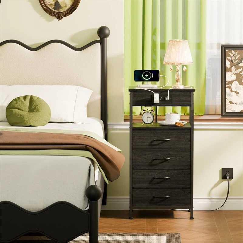 Night Stand with Charging Station Small Bedside Table with Wood Shelf