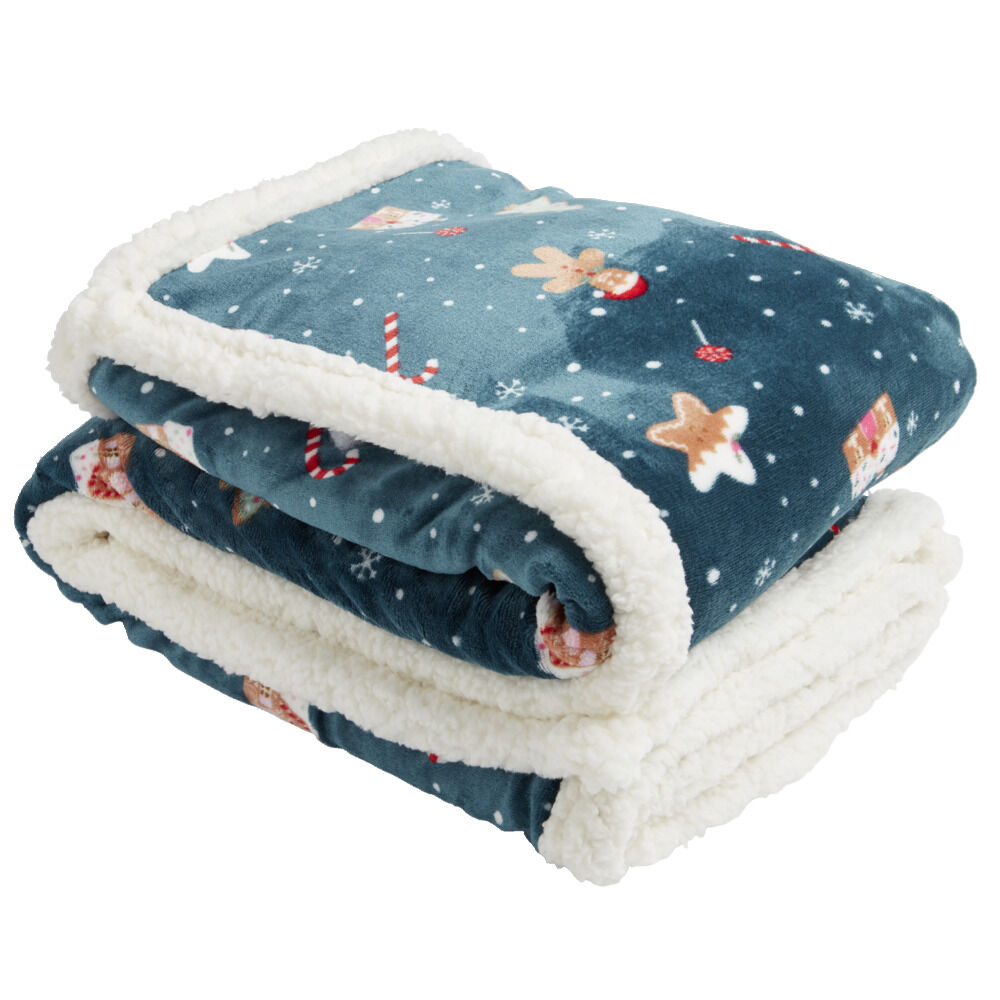 Plaid sherpa No&euml;l flanelle motifs sucre d'orge pain d'épices 120x150cm