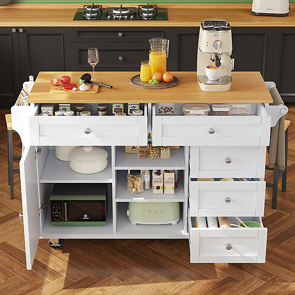 Îlot de cuisine sur roulettes, placards de rangement, cinq tiroirs et étagère à épices, 14 x 46 x 92 cm, blanc