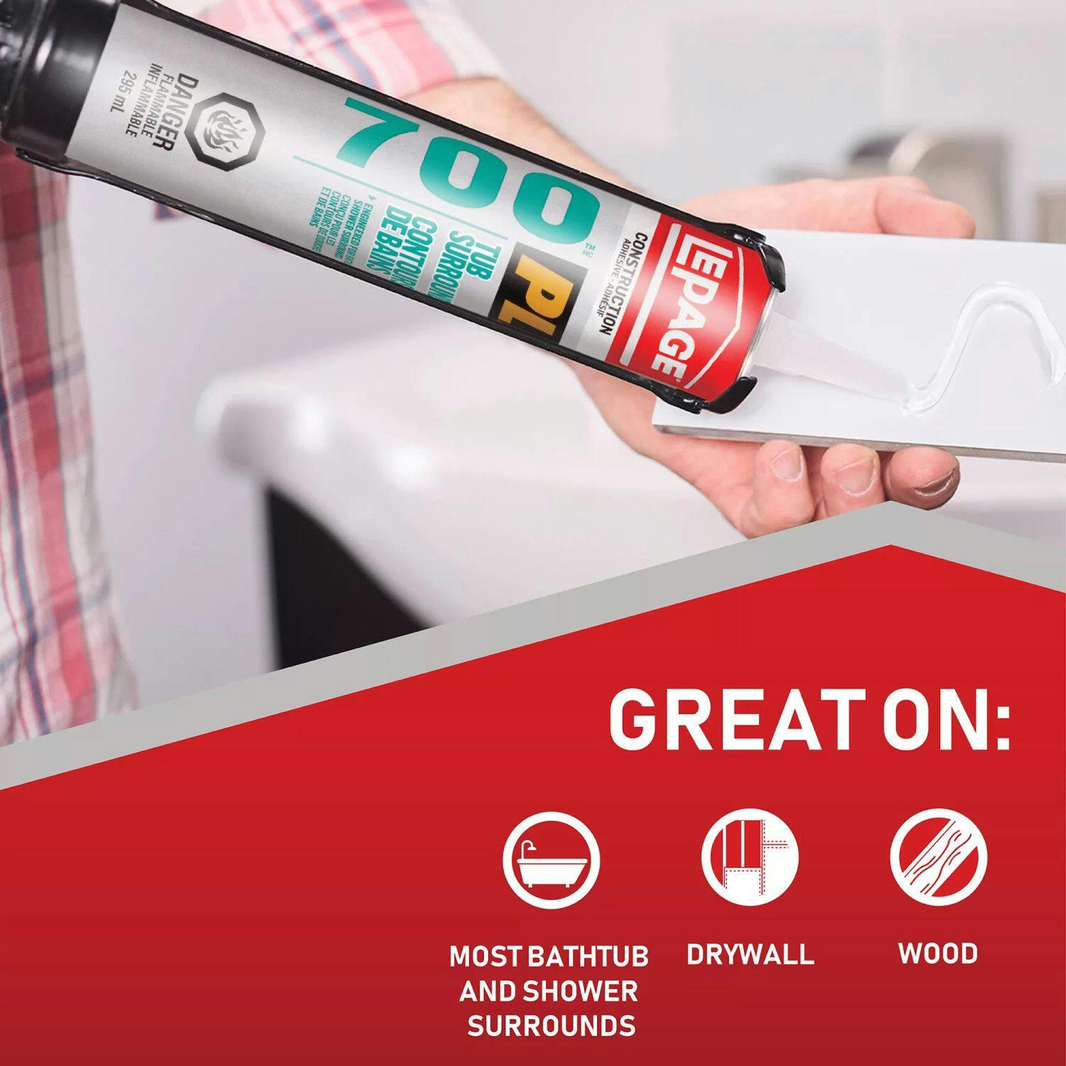 LePage PL 700 Tub & Shower Surround Adhesive Glue, Repositionable, Water-Resistant, 295-mL
