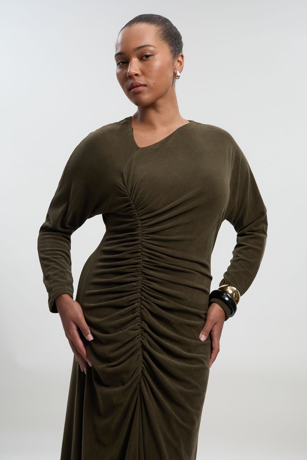 KarenMillen Plus Size Ruched Detail Brushed Textured Jersey Midi Dress