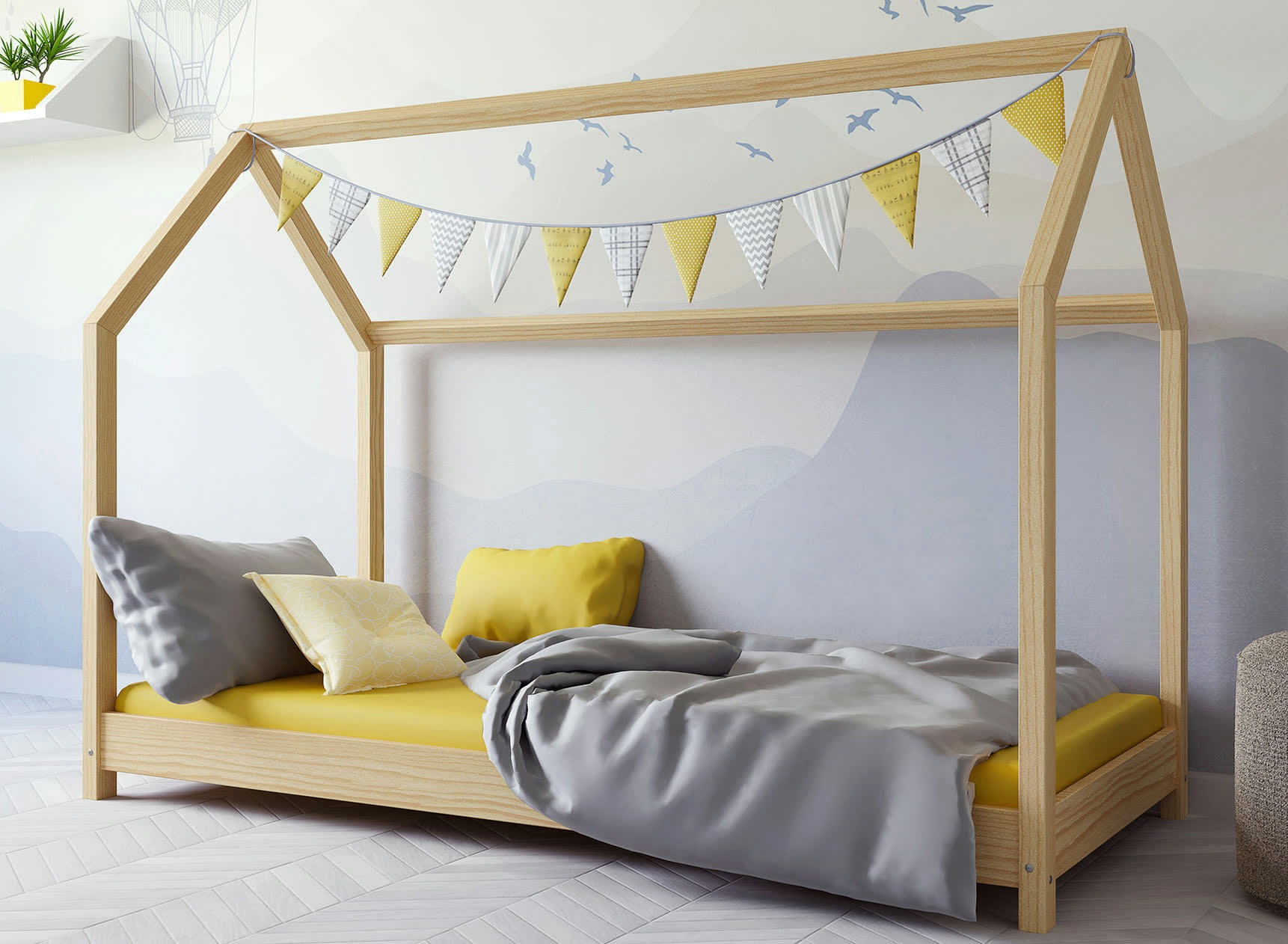 AXEL - Lit cabane 90x200 en pin massif Naturel