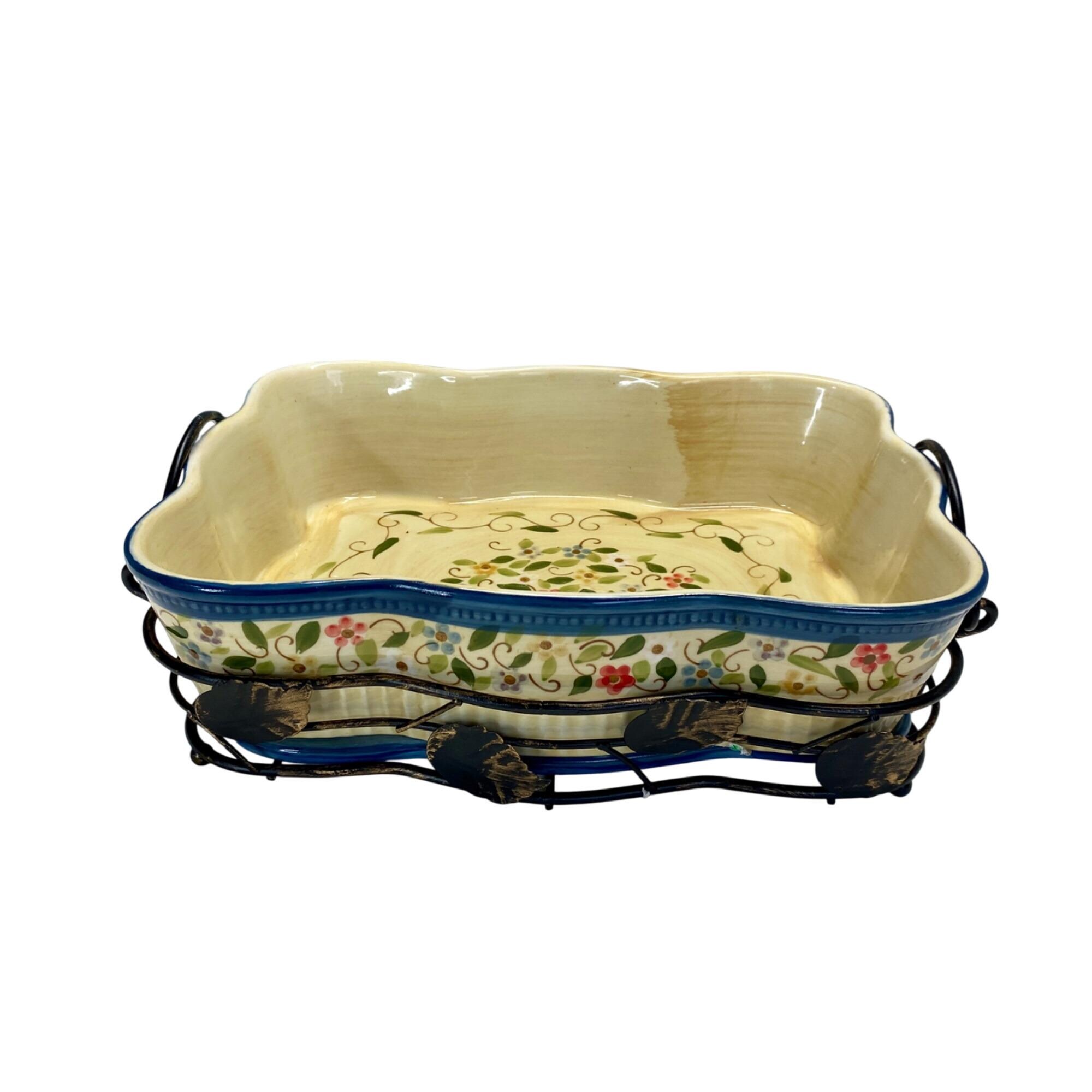 Temptations Ceramic Baking Dish With Metal Rack Floral Design Hand-Painted Oven Safe Decorative Bakeware