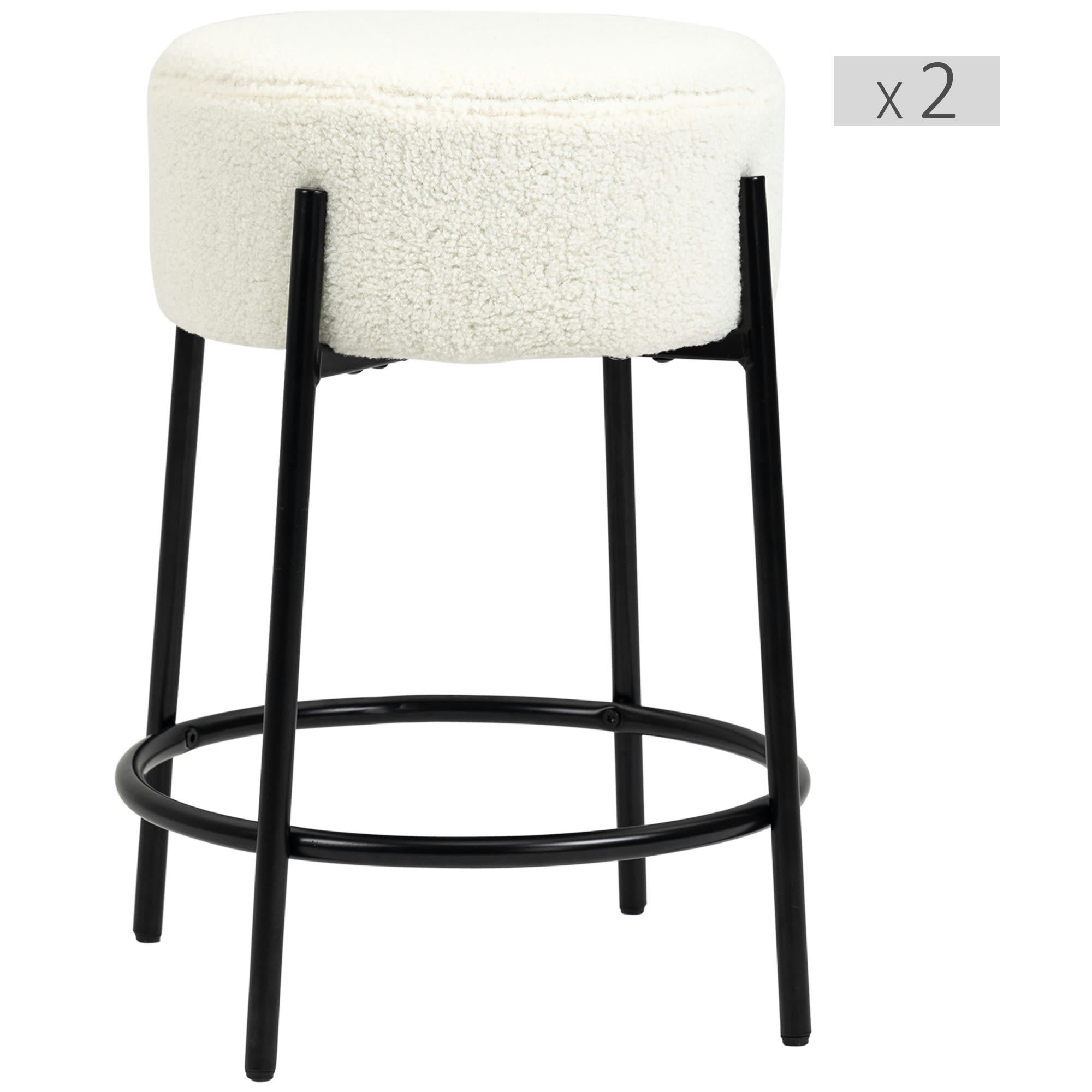 - Lot de 2 tabourets de bar design acier noir effet laine bouclée blanc