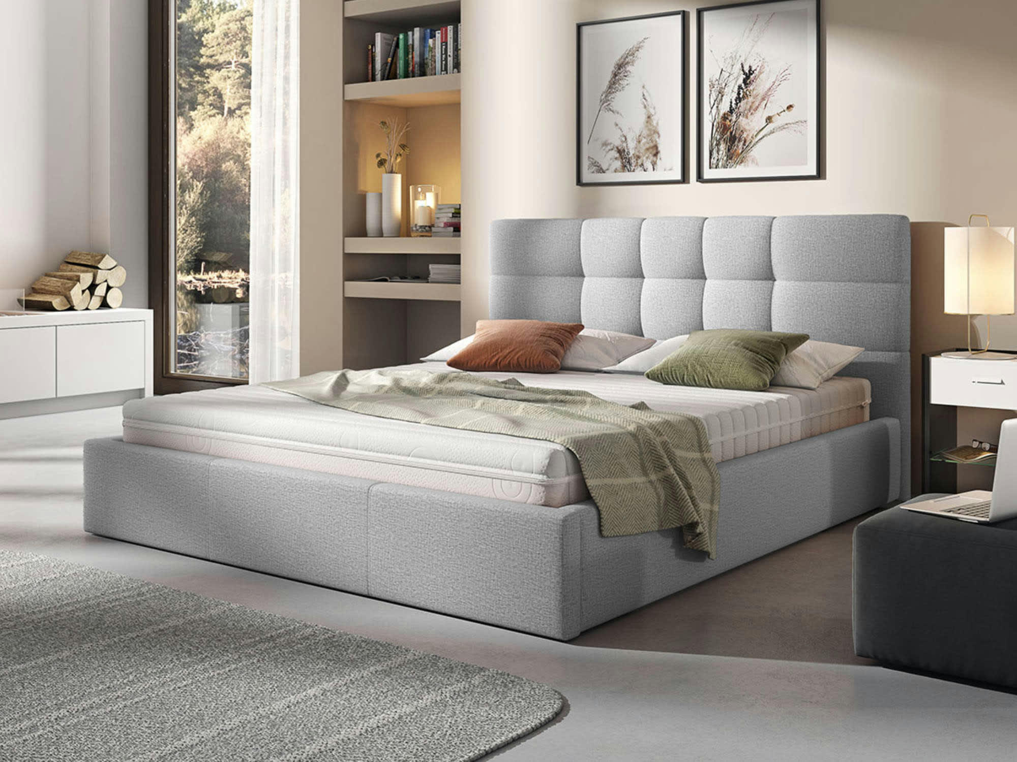 MAEL - Lit coffre en Tissu 160x200 gris clair