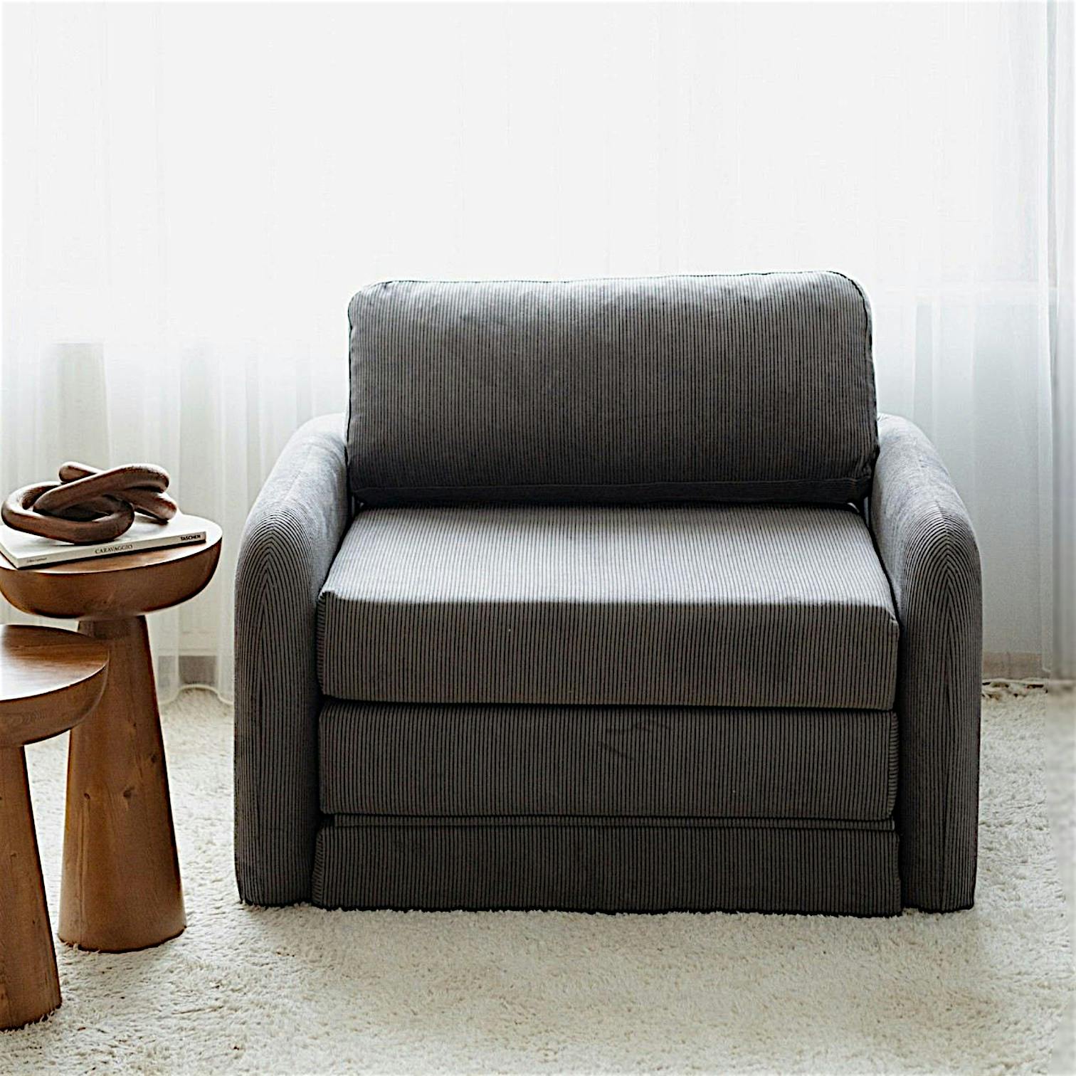 Fauteuil convertible gris velours côtelé, 1 place QUITO