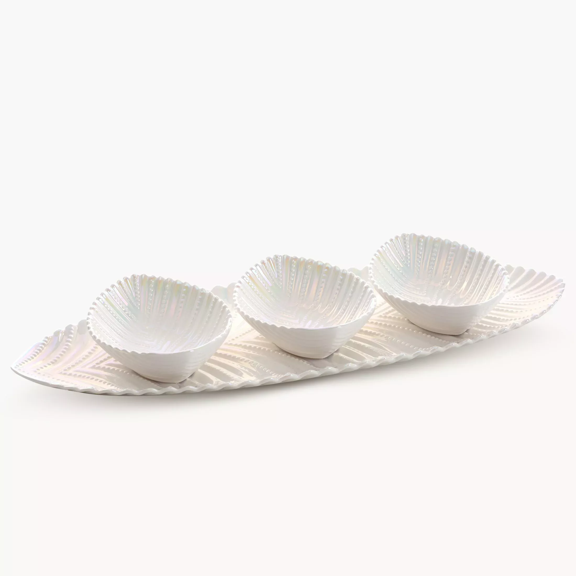 Patera ceramiczna dekoracyjna perłowa z trzema miseczkami w komplecie 17x48x6,5 cm NELA